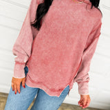 Acid Wash Ribbed Pullover Top - Winter Rose