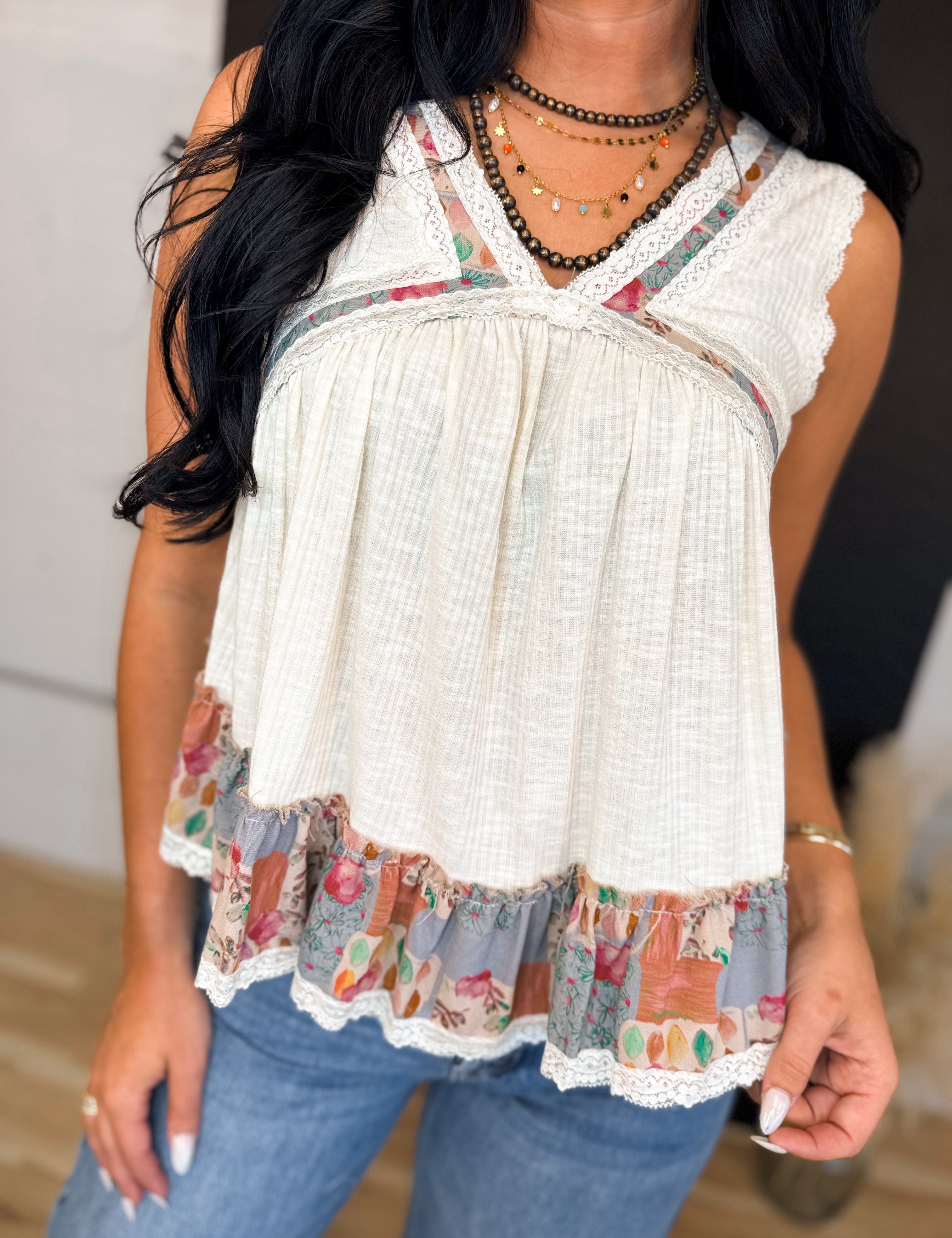 POL Floral Embroidered Round Neck Tank - Ivory - Lace and Grace Boutique