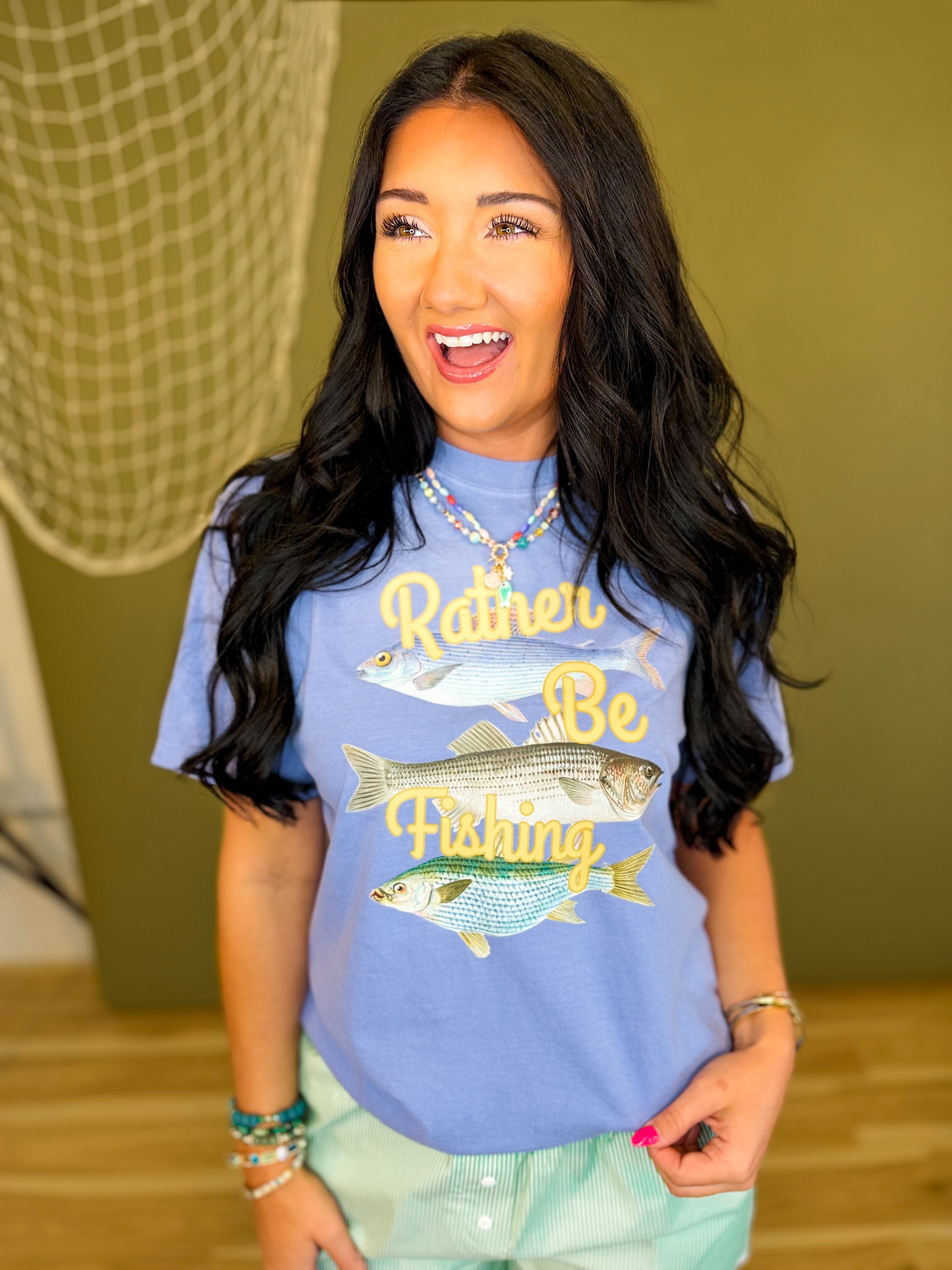 Rather Be Fishing Graphic Tee - Blue - Lace and Grace Boutique