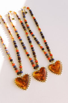 Amber Heart Oversized Pendant Beaded Necklace - Lace and Grace Boutique