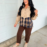 Floral & Plaid Patchwork Button Down Top - Navy Combo