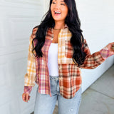 Mixed Plaid Color Block Button Down Top - Brick Multi