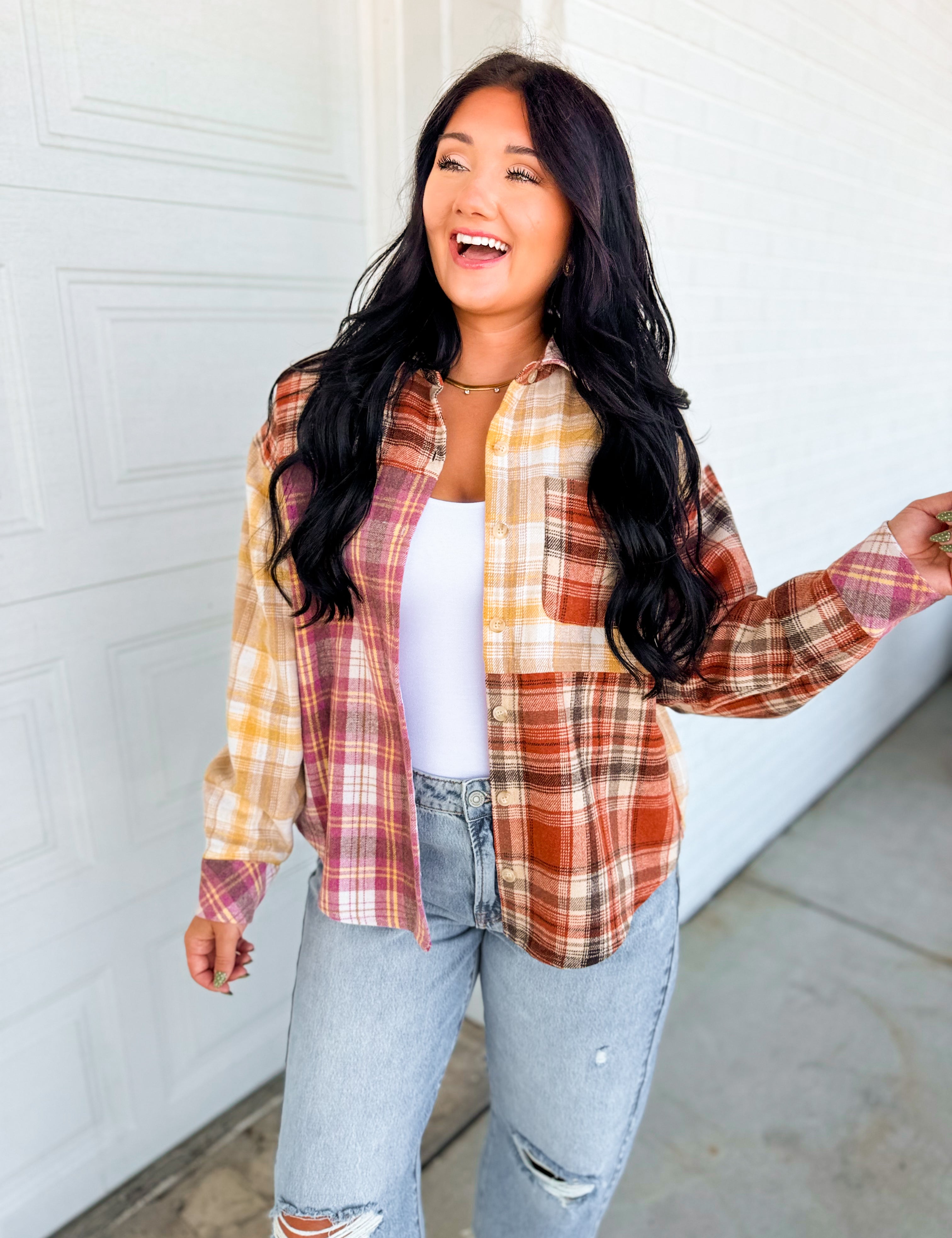 Mixed Plaid Color Block Button Down Top - Brick Multi - Lace and Grace Boutique