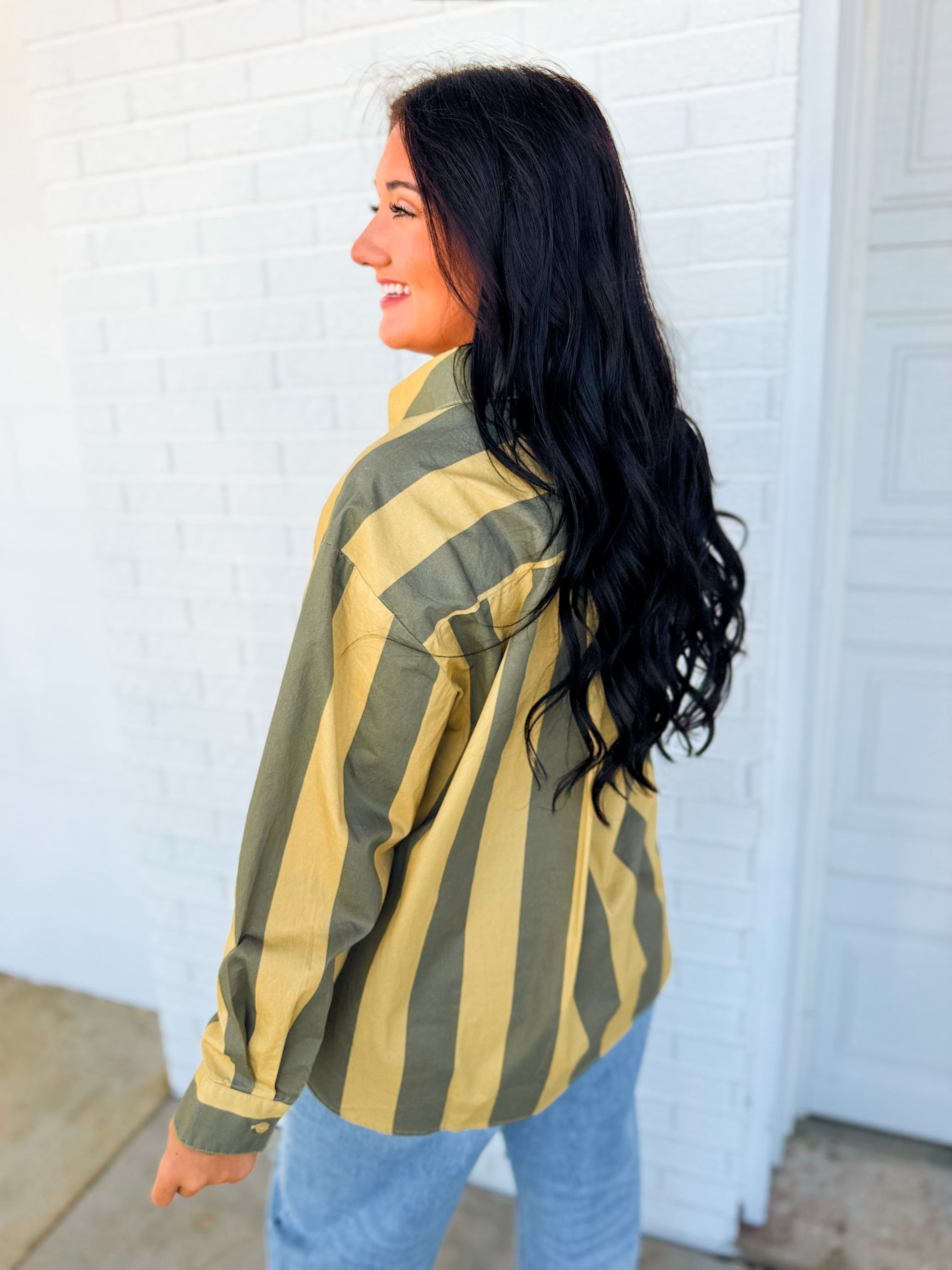 Vintage Striped Poplin Button Down Shirt - Olive/Beige - Lace and Grace Boutique