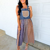 Mixed Plaid Denim Overall Maxi Dress - Multicolor