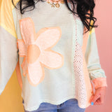 Daisy Patch Color Block Long Sleeve Top - Sky/Orange - Lace and Grace Boutique