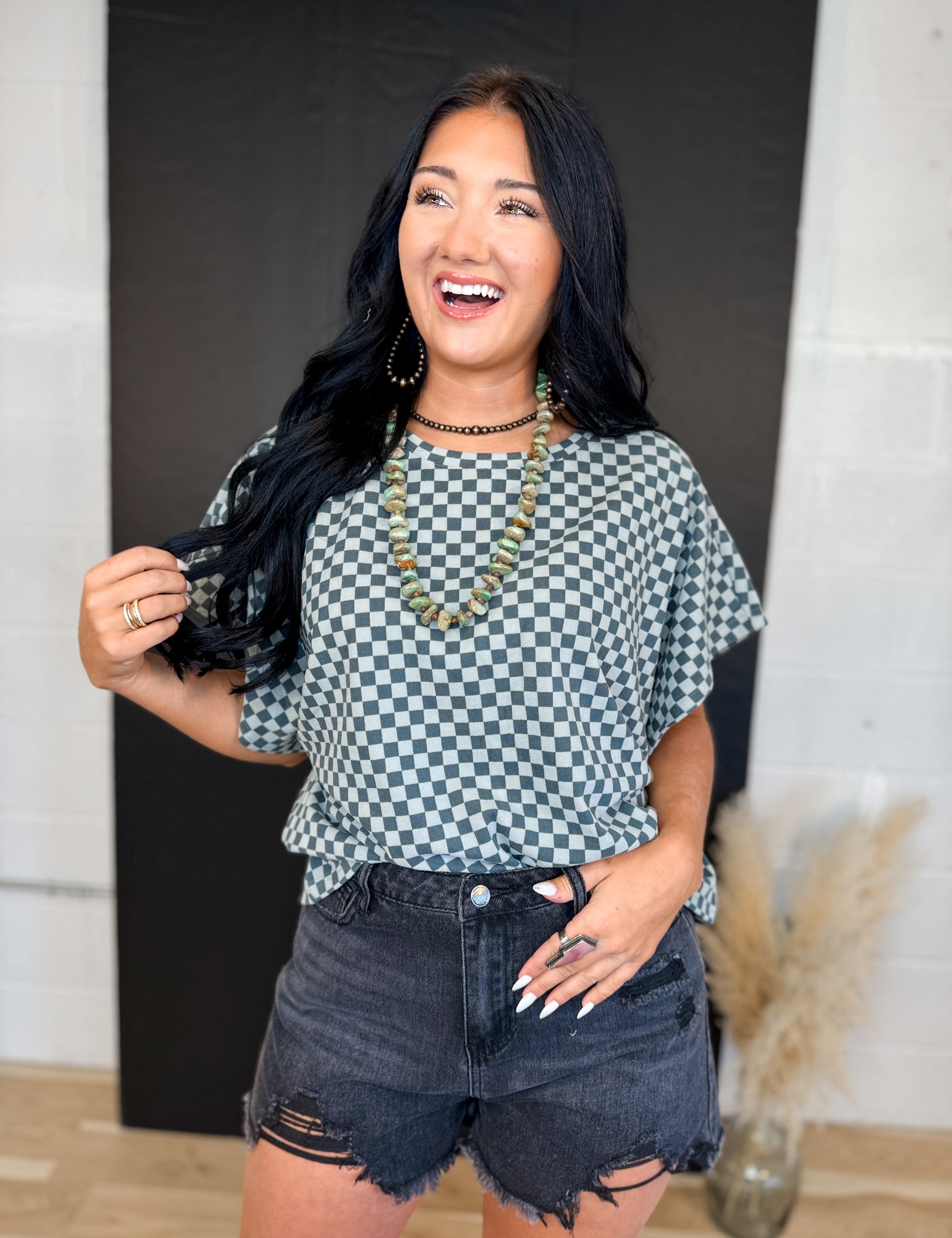 Checker Dolman Sleeve Knit Top - Dark Teal - Lace and Grace Boutique