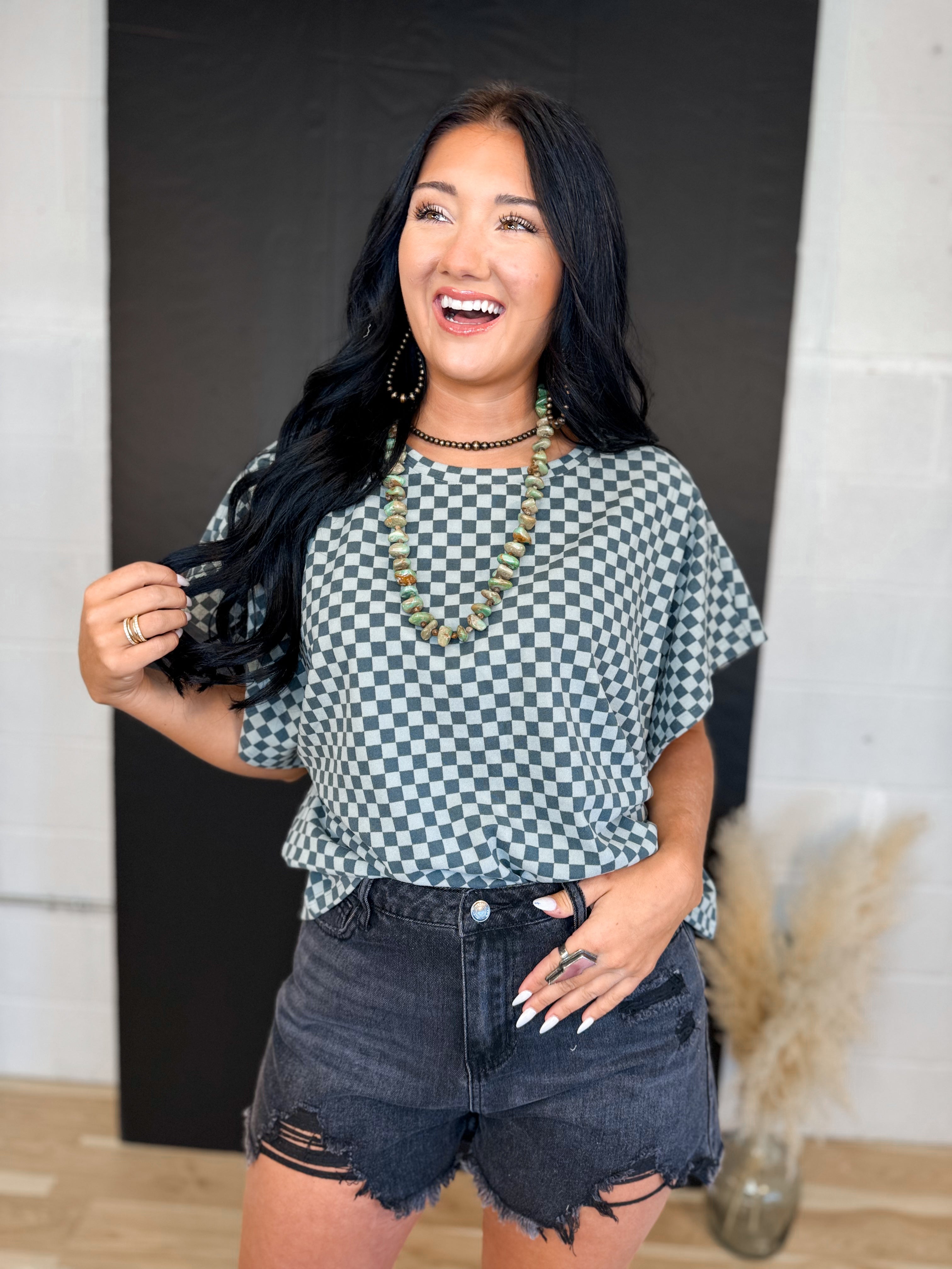 Checker Dolman Sleeve Knit Top - Dark Teal - Lace and Grace Boutique