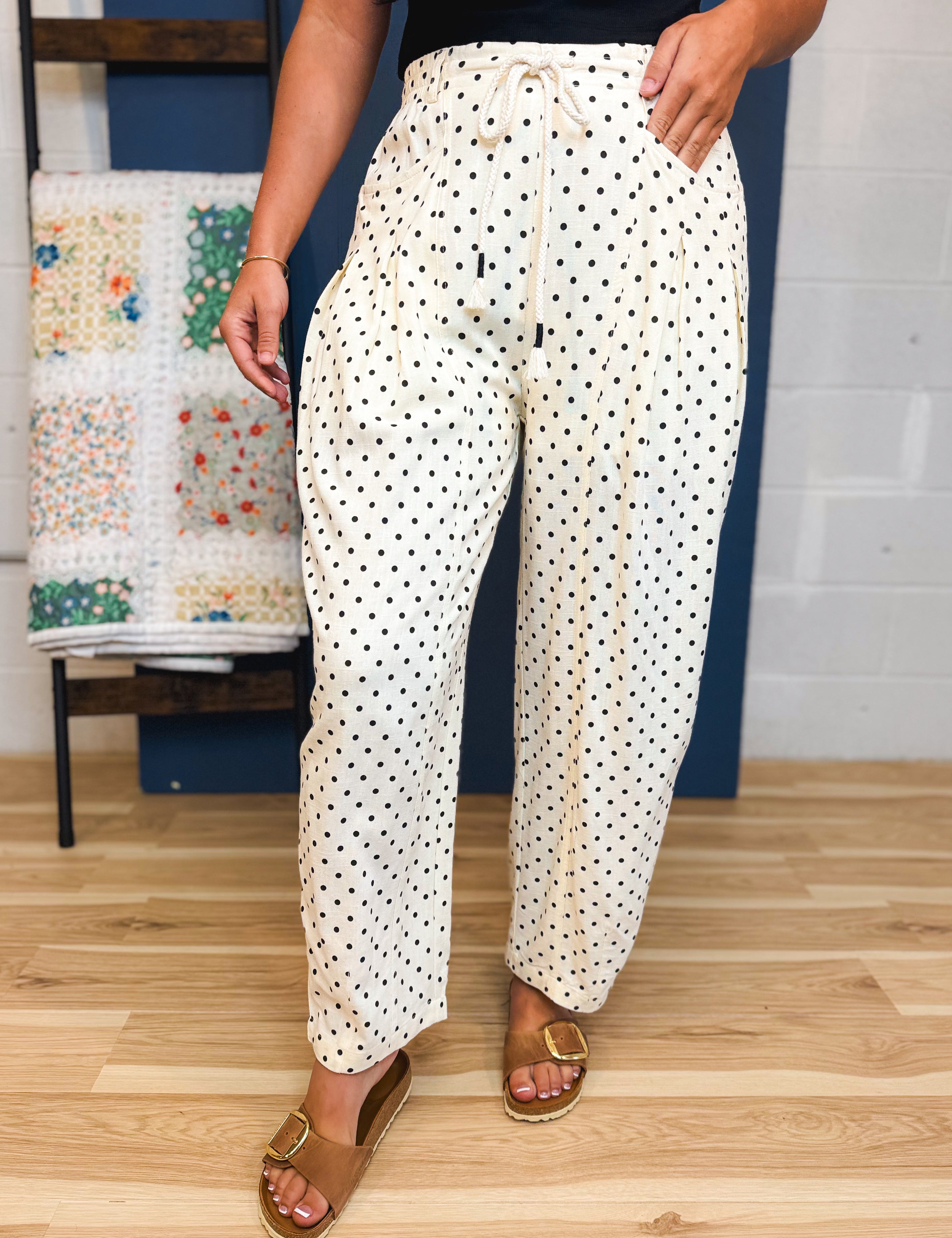 Linen Blend Polka Dot Barrel Leg Pants - Cream - Lace and Grace Boutique
