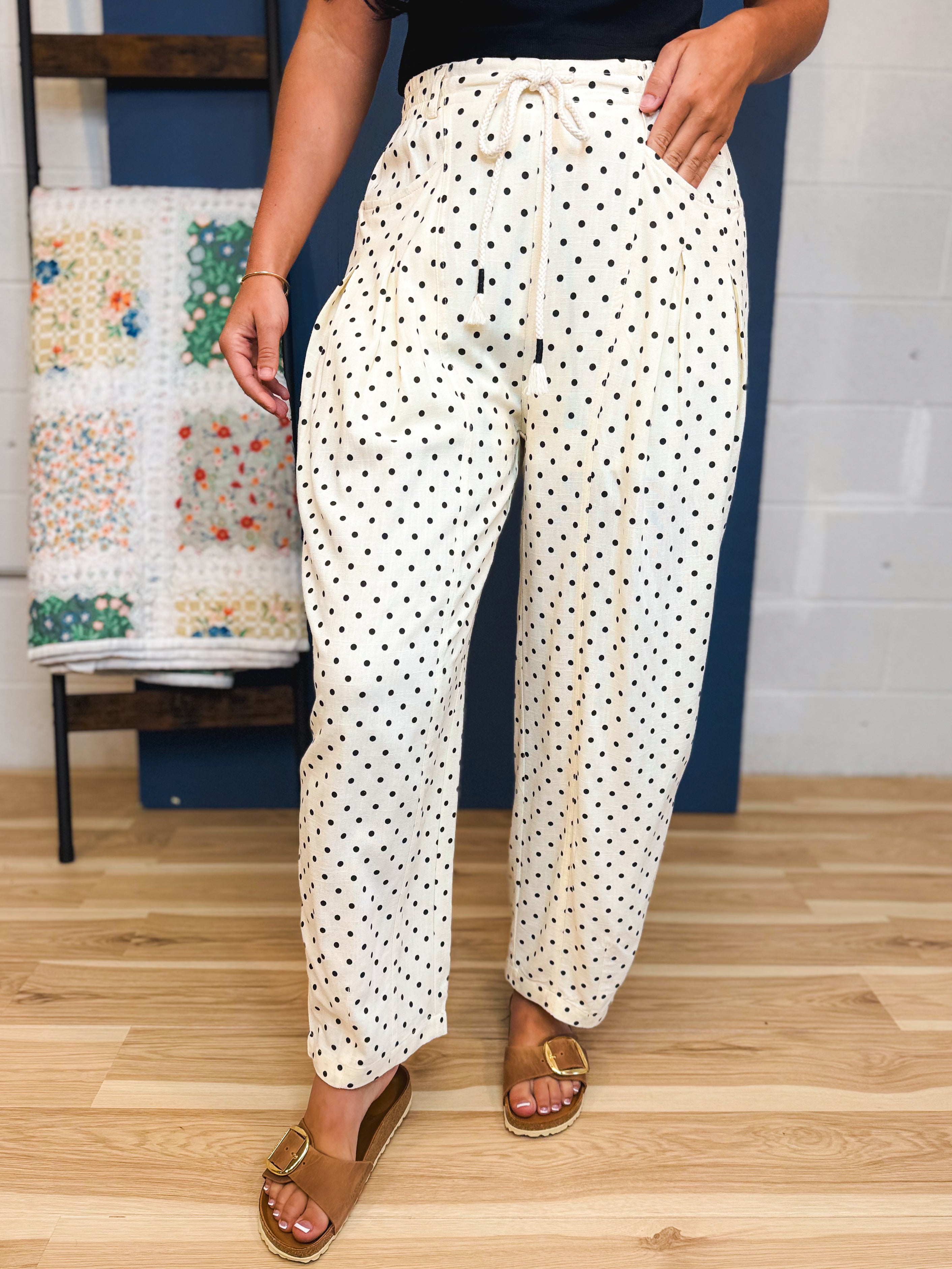 Linen Blend Polka Dot Barrel Leg Pants - Cream - Lace and Grace Boutique