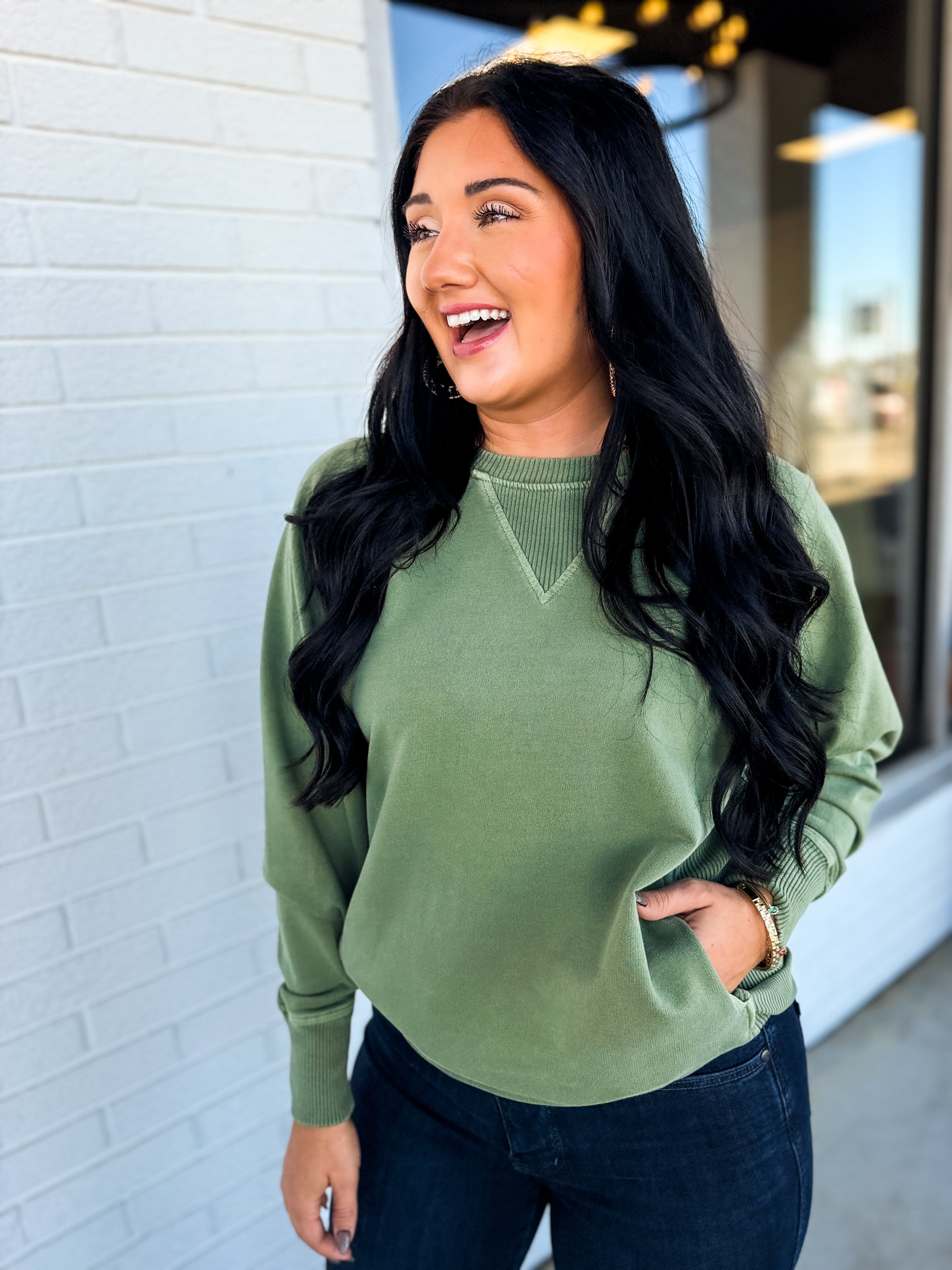 Pigment Dyed French Terry Pullover - Light Olive - Lace and Grace Boutique