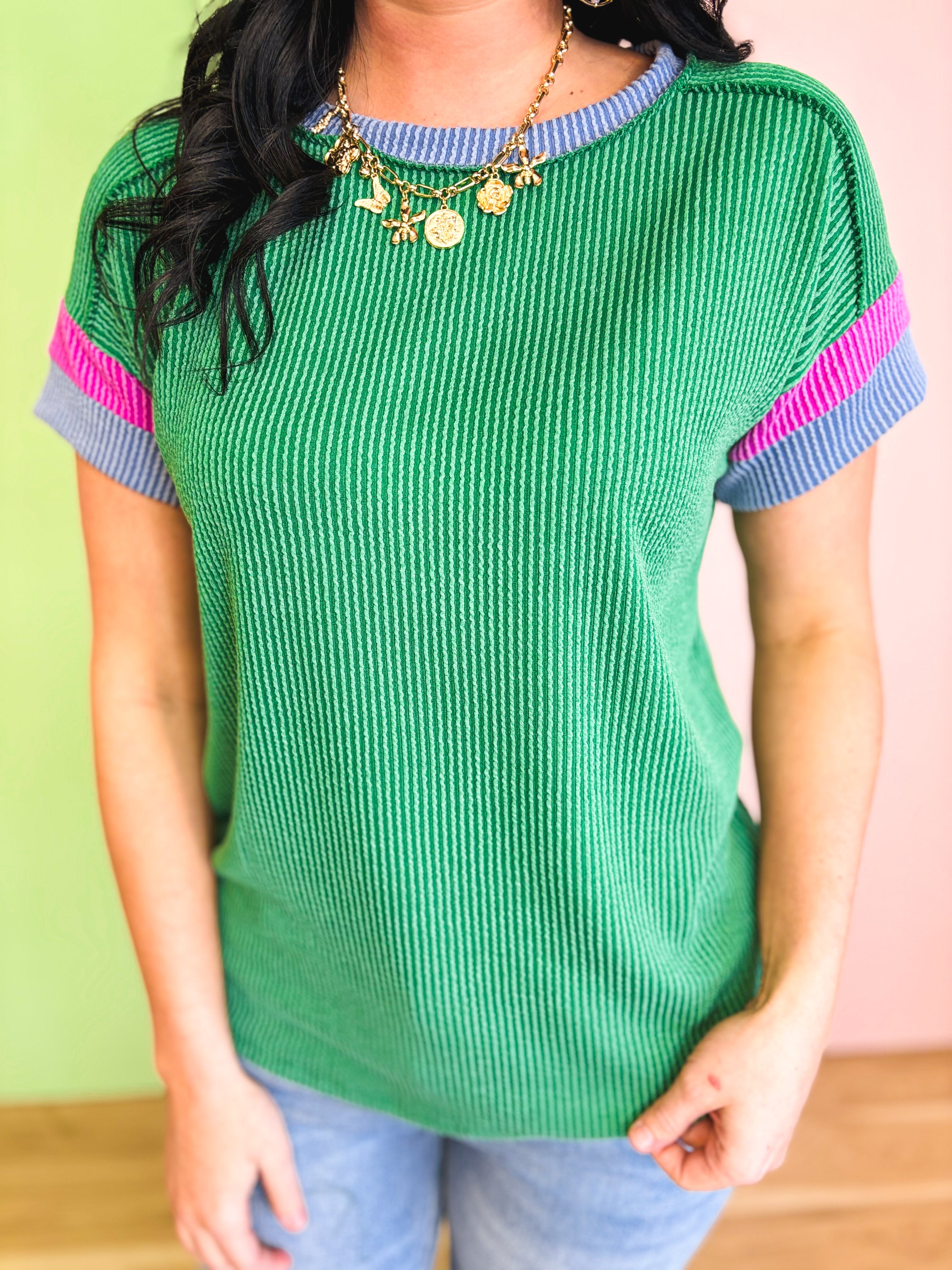 Ribbed Color Block Top - Kelly Green - Lace and Grace Boutique