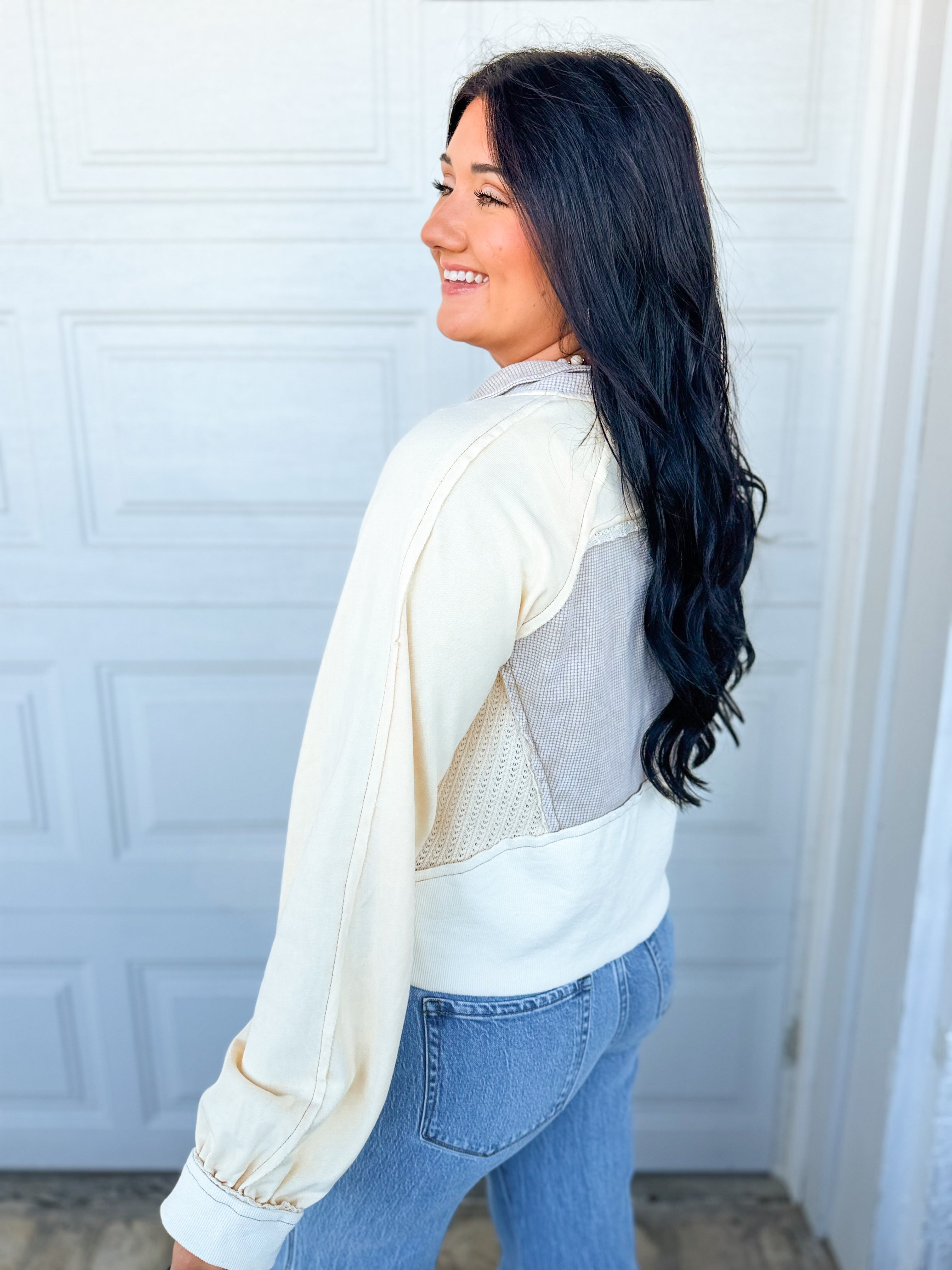 POL Vintage Wash Contrast Knit Quarter Zip Pullover - Cream - Lace and Grace Boutique