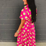 Polka Dot Cotton Poplin Button Up Maxi Dress - Hot Pink/Green - Lace and Grace Boutique