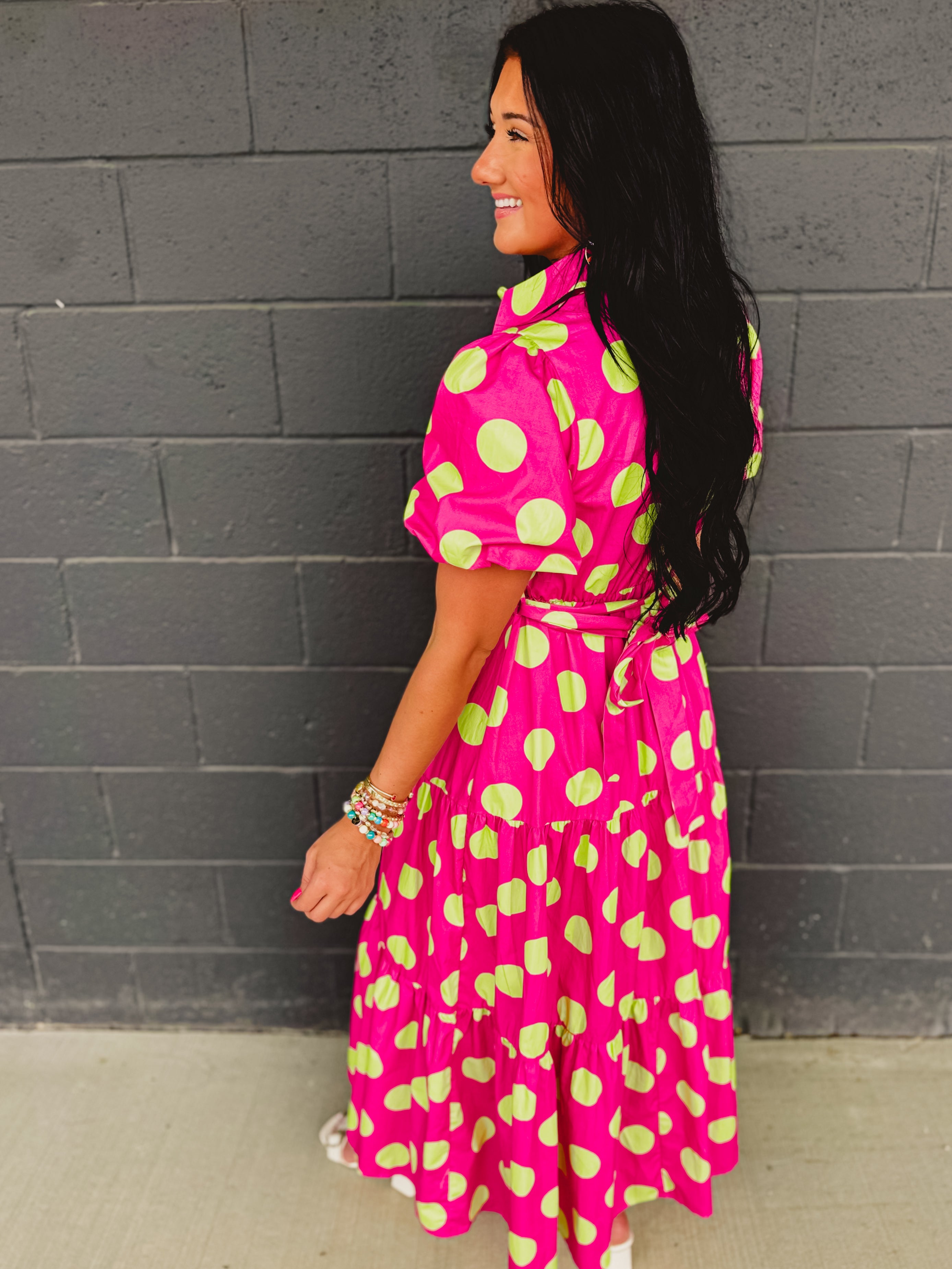Polka Dot Cotton Poplin Button Up Maxi Dress - Hot Pink/Green - Lace and Grace Boutique