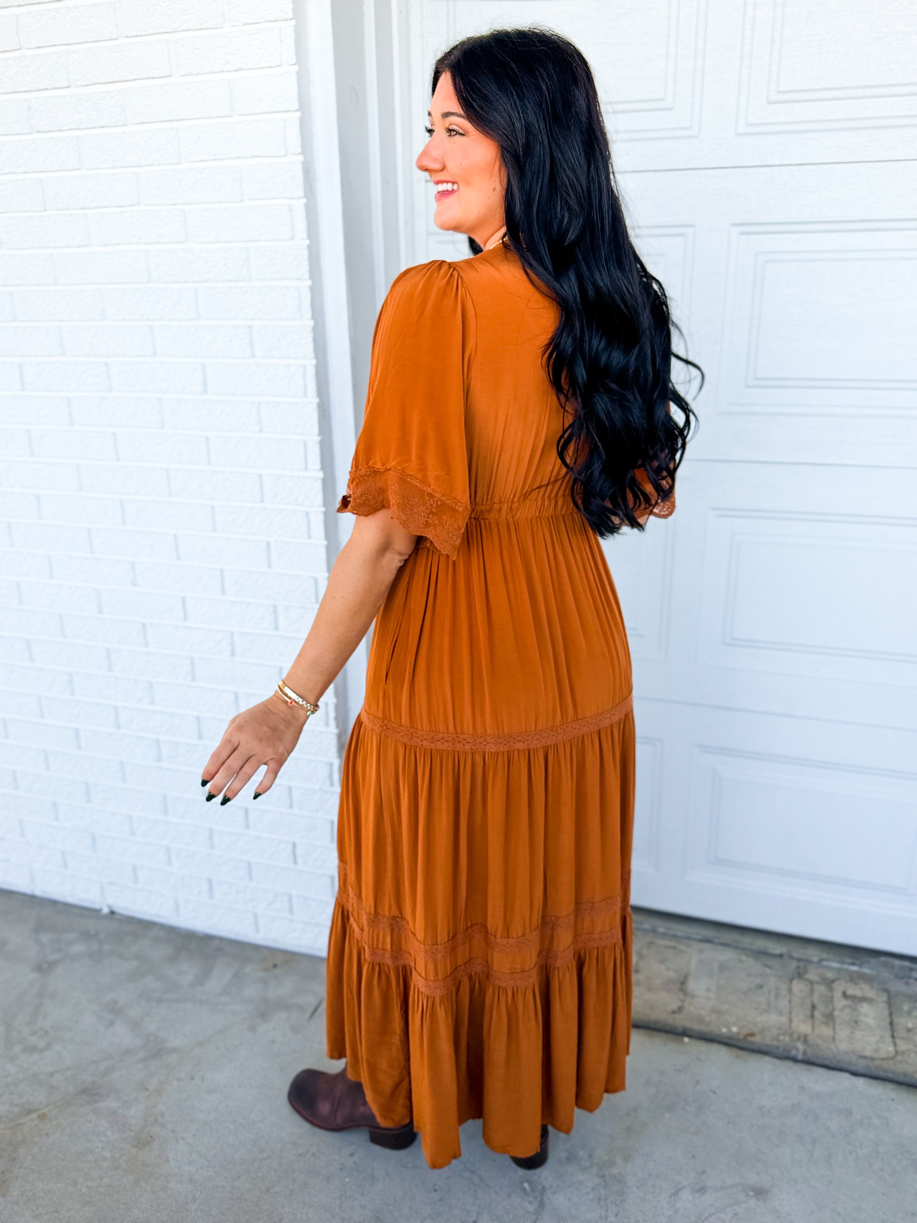 Lace Trim Front Tie Tiered Maxi Dress - Camel - Lace and Grace Boutique