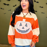 Jack'O'Lantern Patch Striped Pullover Top - Burnt Orange/Cream