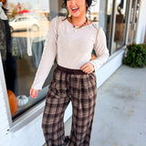Checkered Plaid Printed Relaxed Wide Leg Pants - Brown