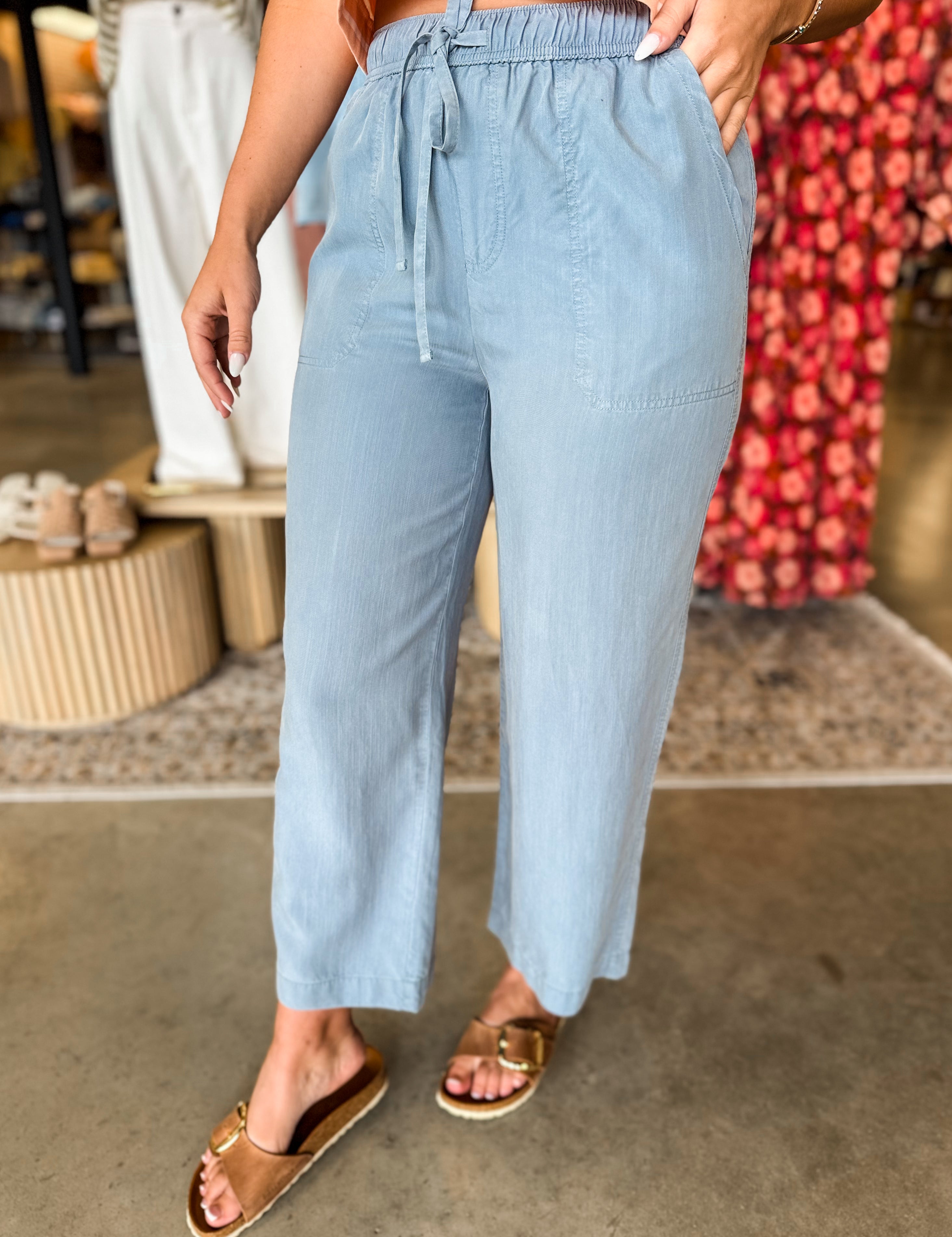 Tencel Drawstring Cropped Wide Leg Pants - Jade - Lace and Grace Boutique