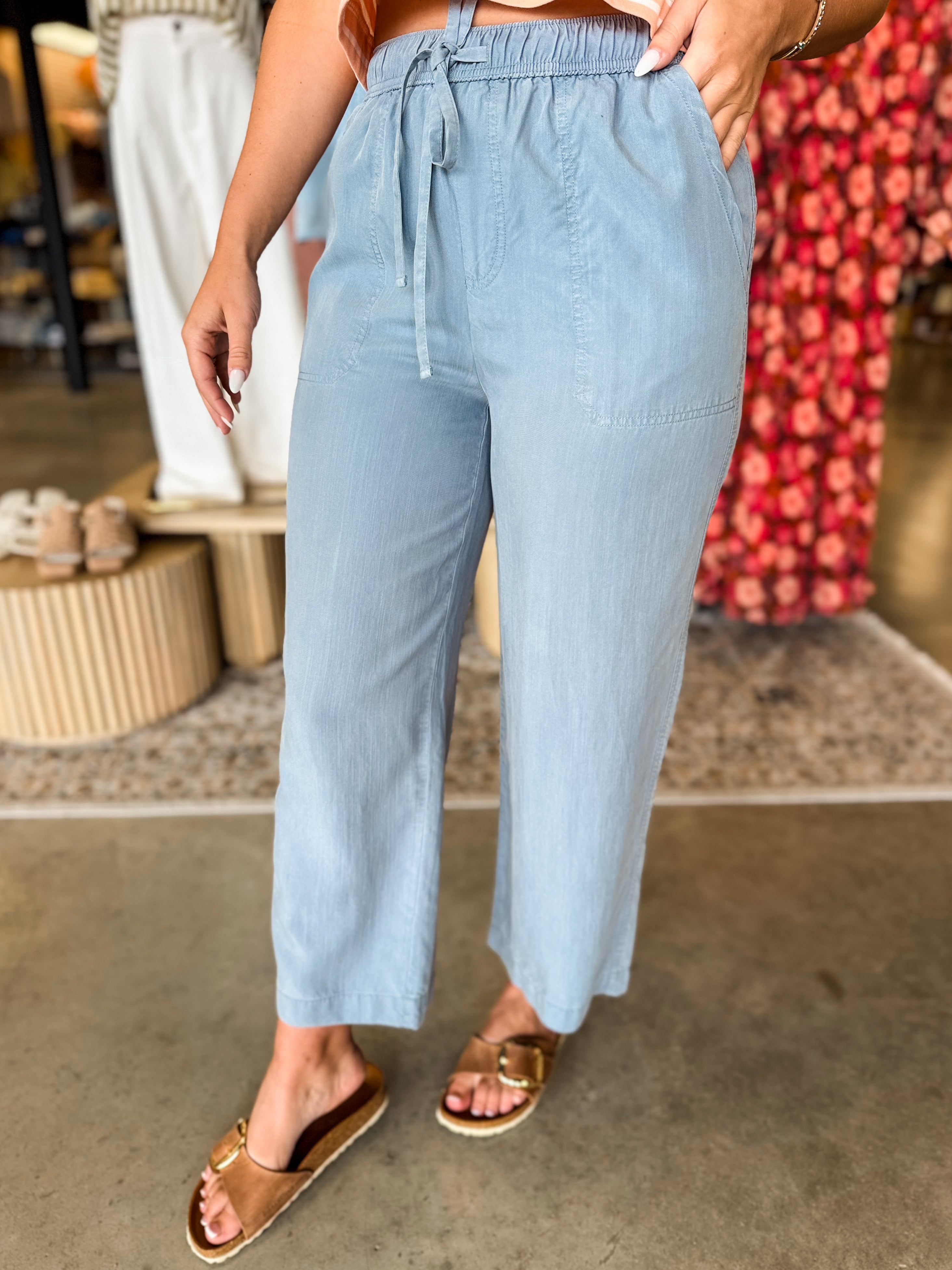 Tencel Drawstring Cropped Wide Leg Pants - Jade - Lace and Grace Boutique