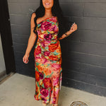 Asymmetric One Shoulder Ruched Maxi Dress - Parisian Floral - Lace and Grace Boutique