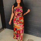 Asymmetric One Shoulder Ruched Maxi Dress - Parisian Floral - Lace and Grace Boutique