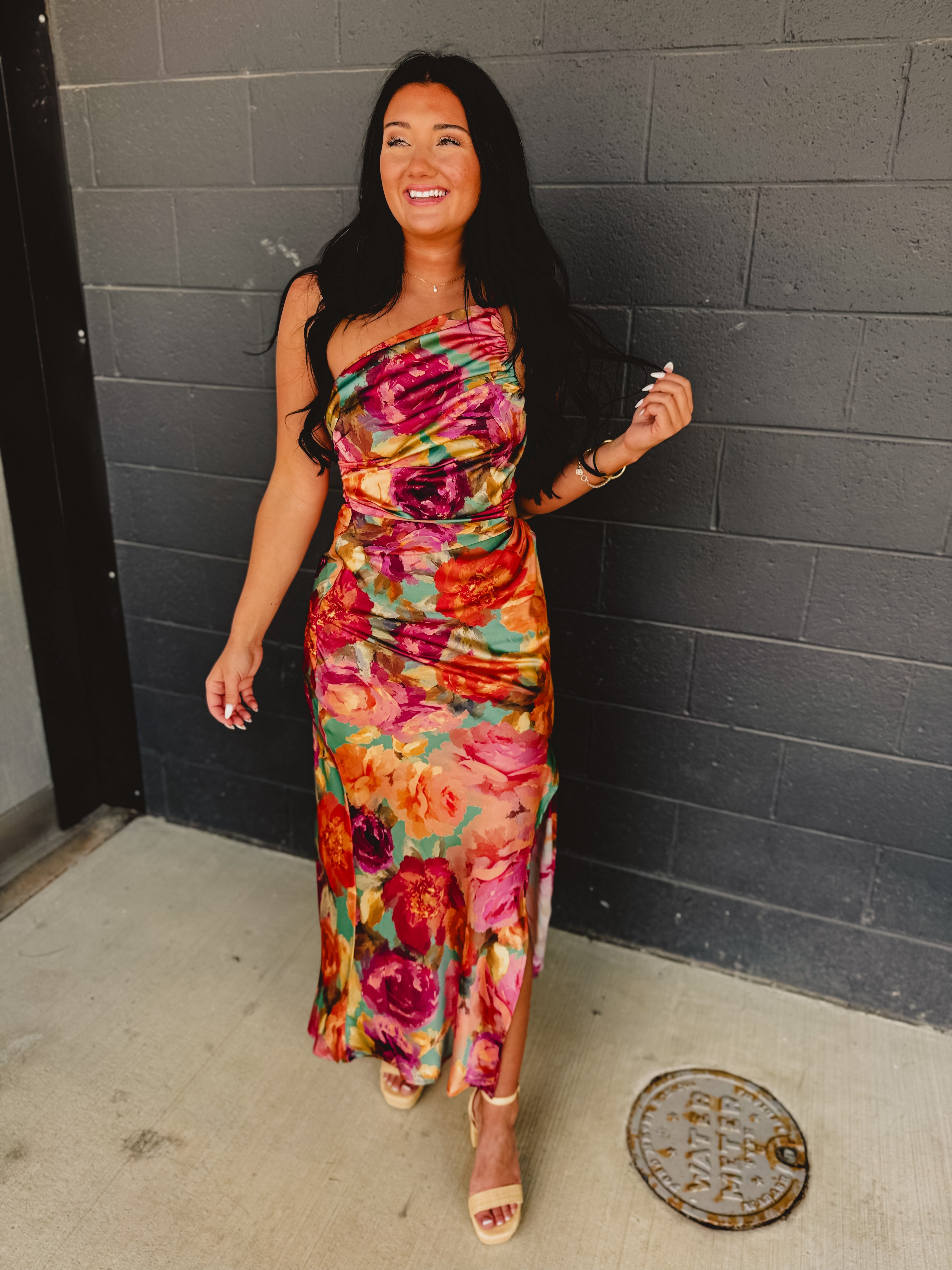 Asymmetric One Shoulder Ruched Maxi Dress - Parisian Floral - Lace and Grace Boutique