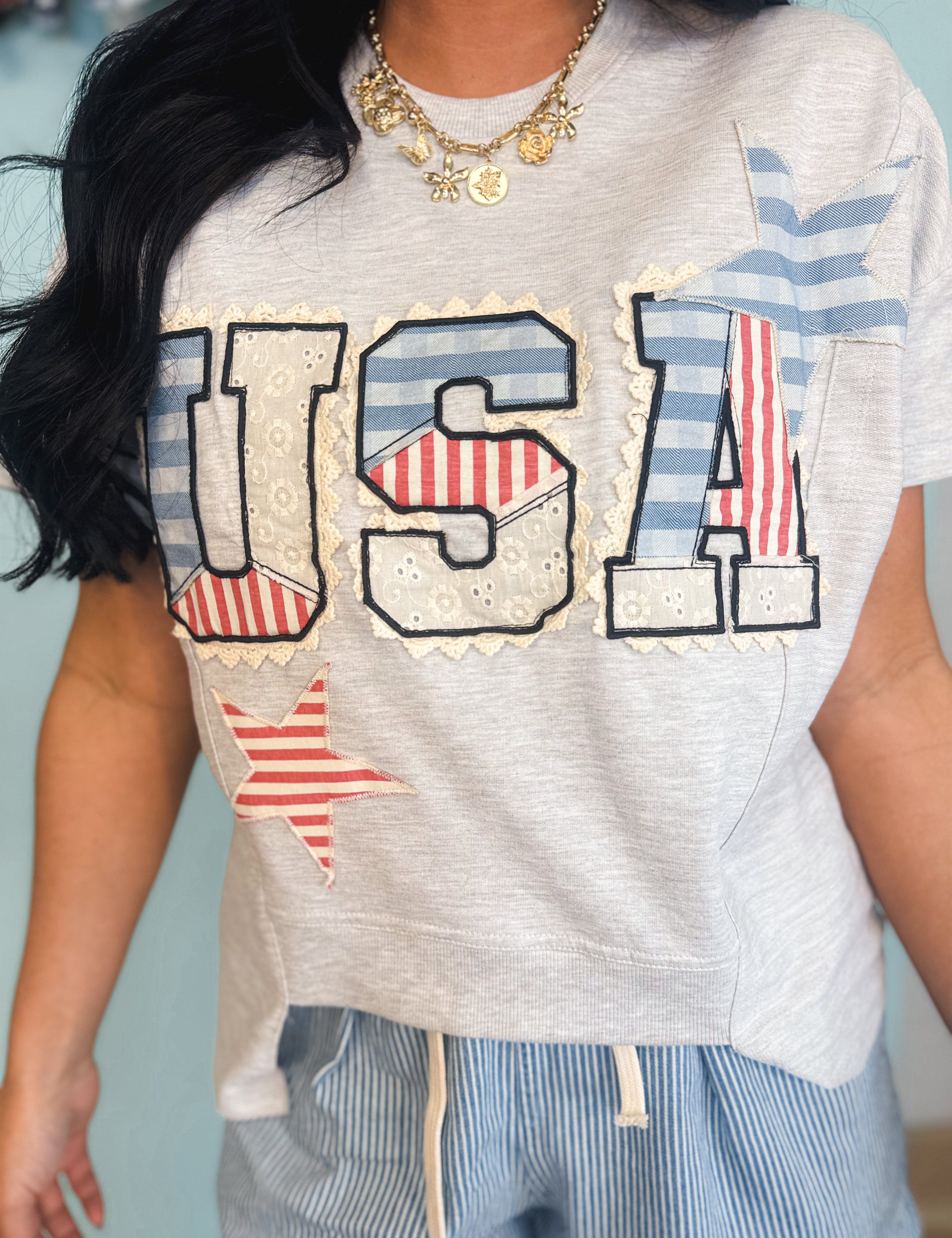 Simply Southern USA Patch Top - Light Heather - Lace and Grace Boutique