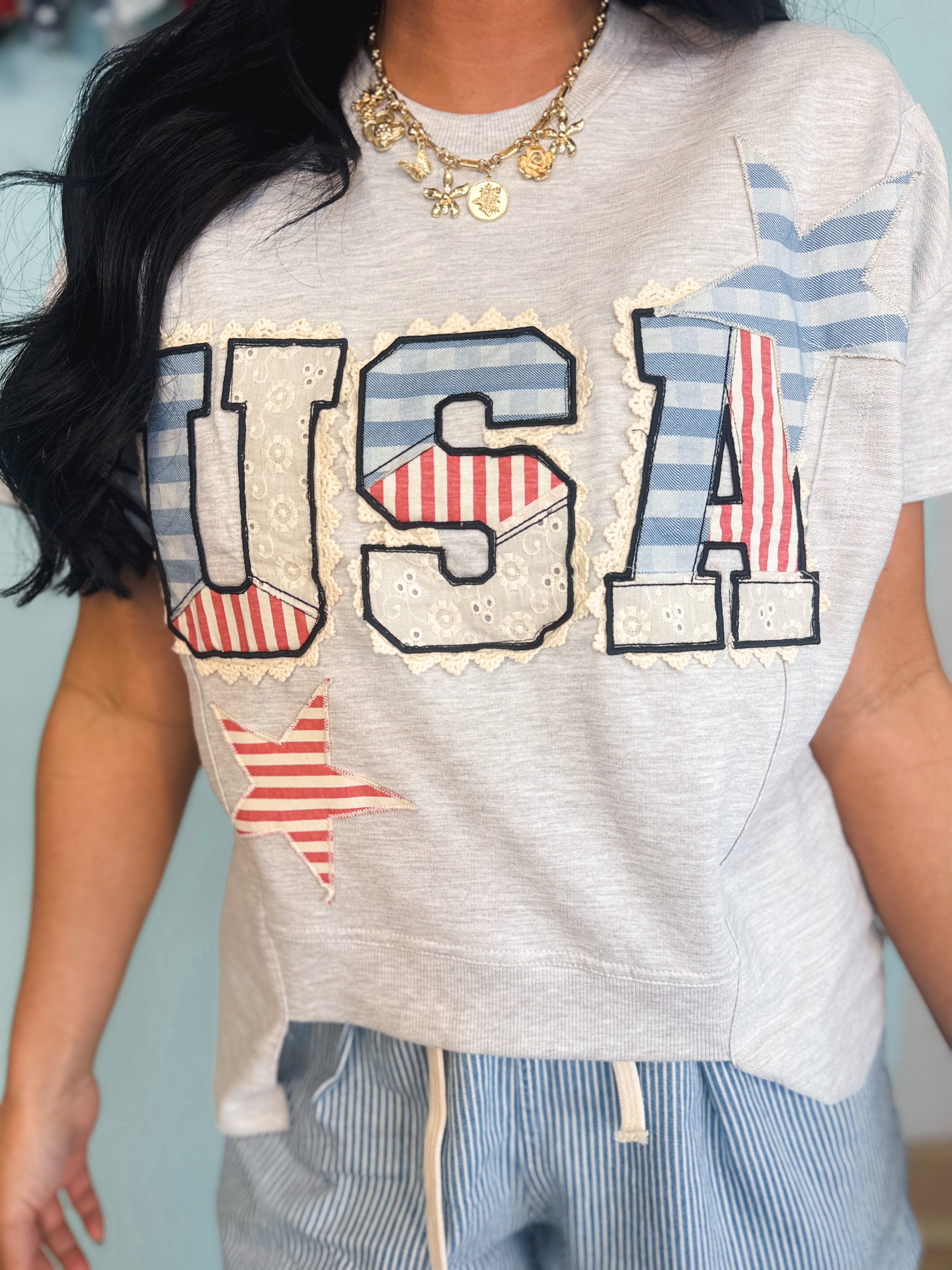 Simply Southern USA Patch Top - Light Heather - Lace and Grace Boutique