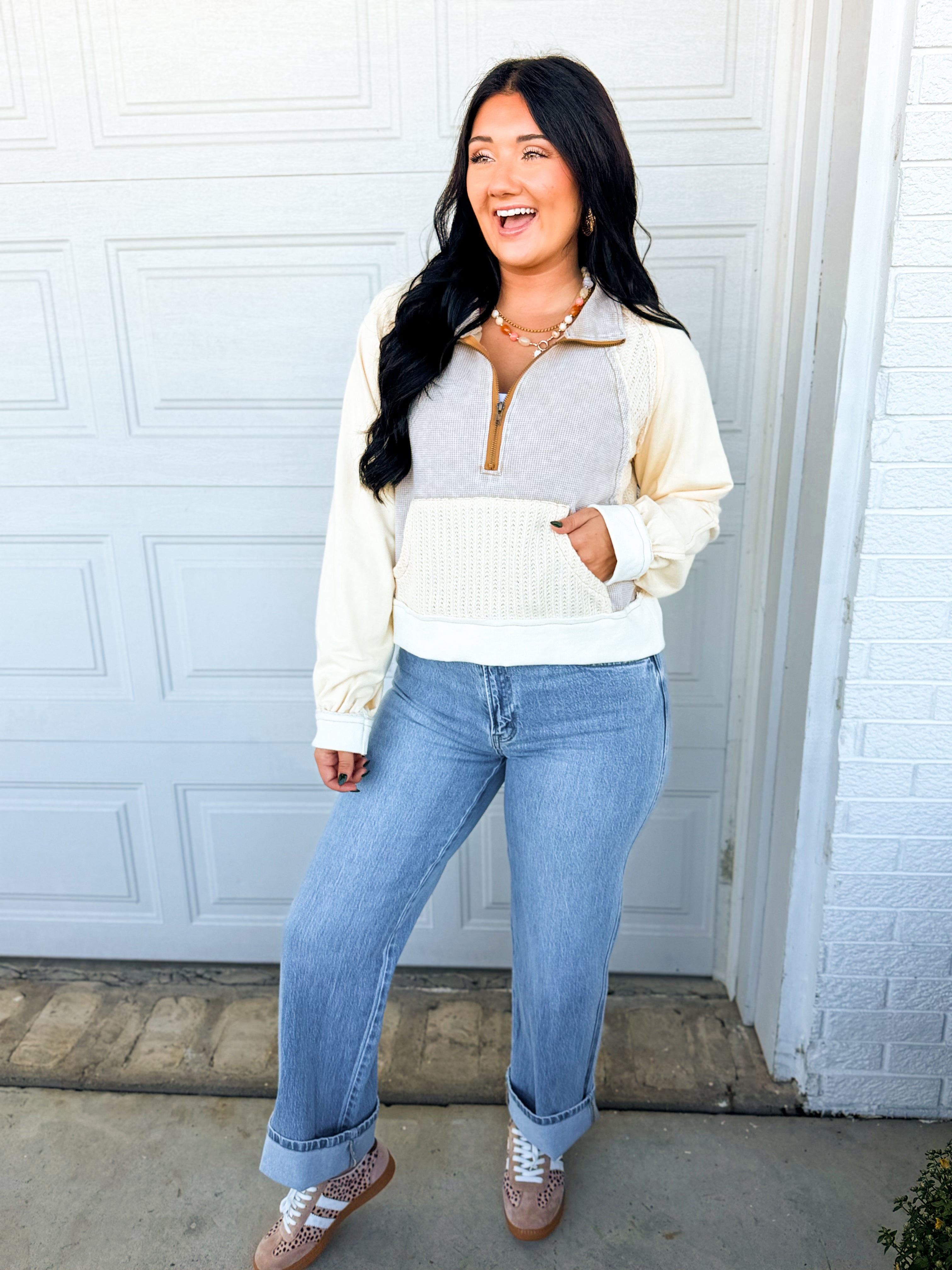 POL Vintage Wash Contrast Knit Quarter Zip Pullover - Cream - Lace and Grace Boutique