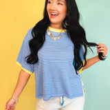Striped Contrast Drop Sleeve Tee - Blue Multi - Lace and Grace Boutique