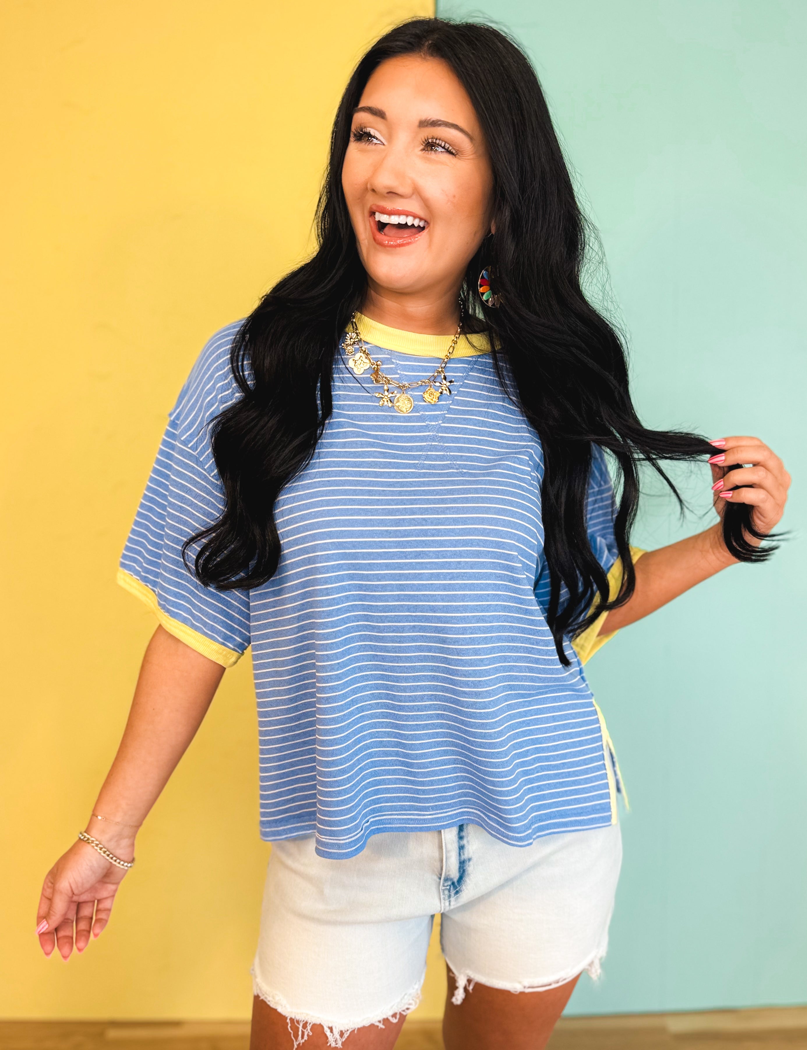 Striped Contrast Drop Sleeve Tee - Blue Multi - Lace and Grace Boutique