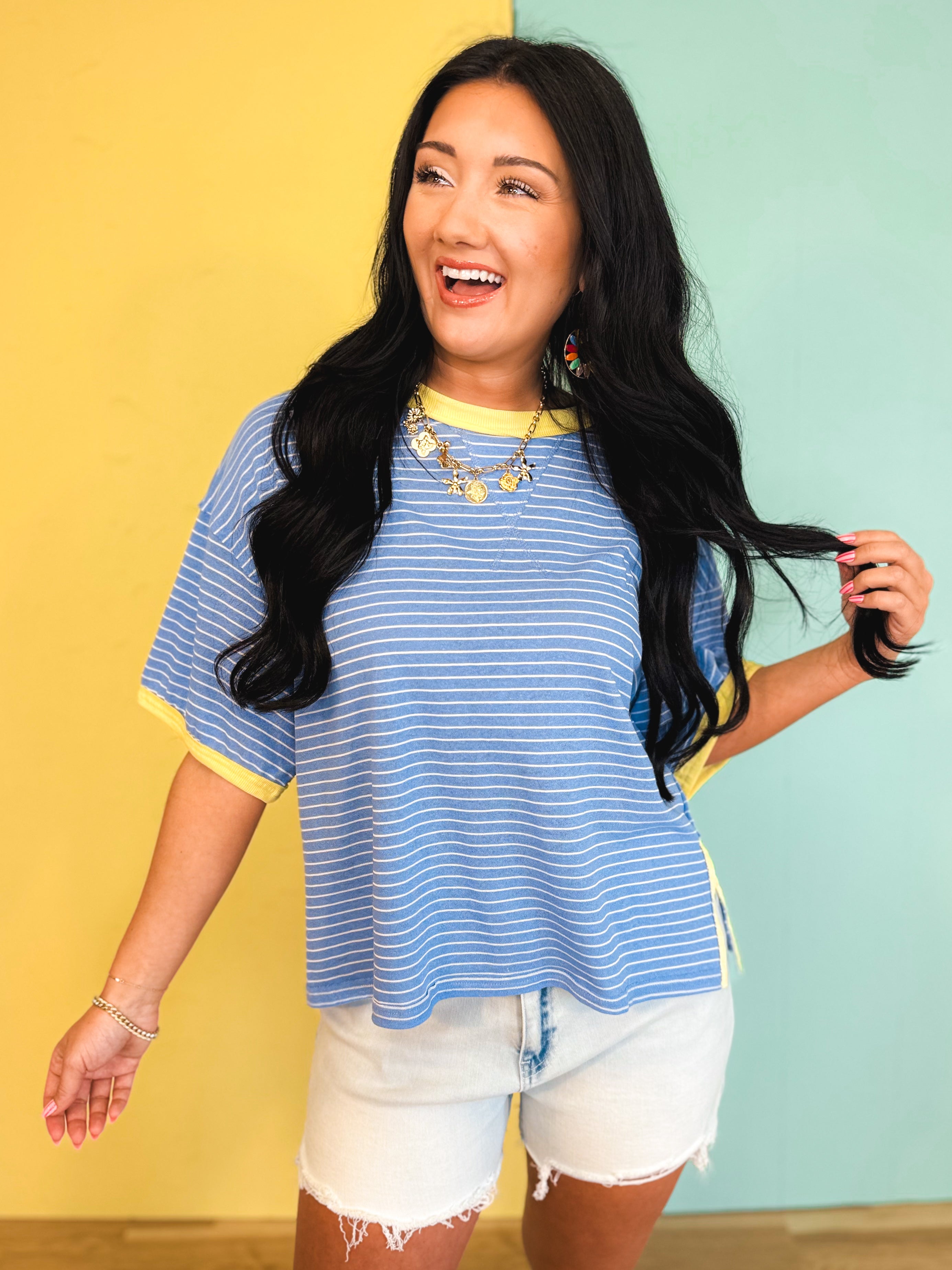 Striped Contrast Drop Sleeve Tee - Blue Multi - Lace and Grace Boutique