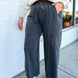 Pigment Wash French Terry Wide Leg Pants - Black - Lace and Grace Boutique