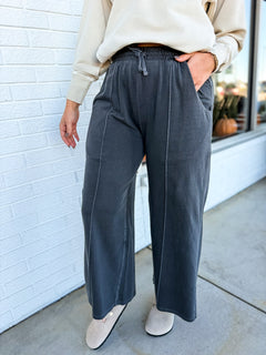 Pigment Wash French Terry Wide Leg Pants - Black - Lace and Grace Boutique