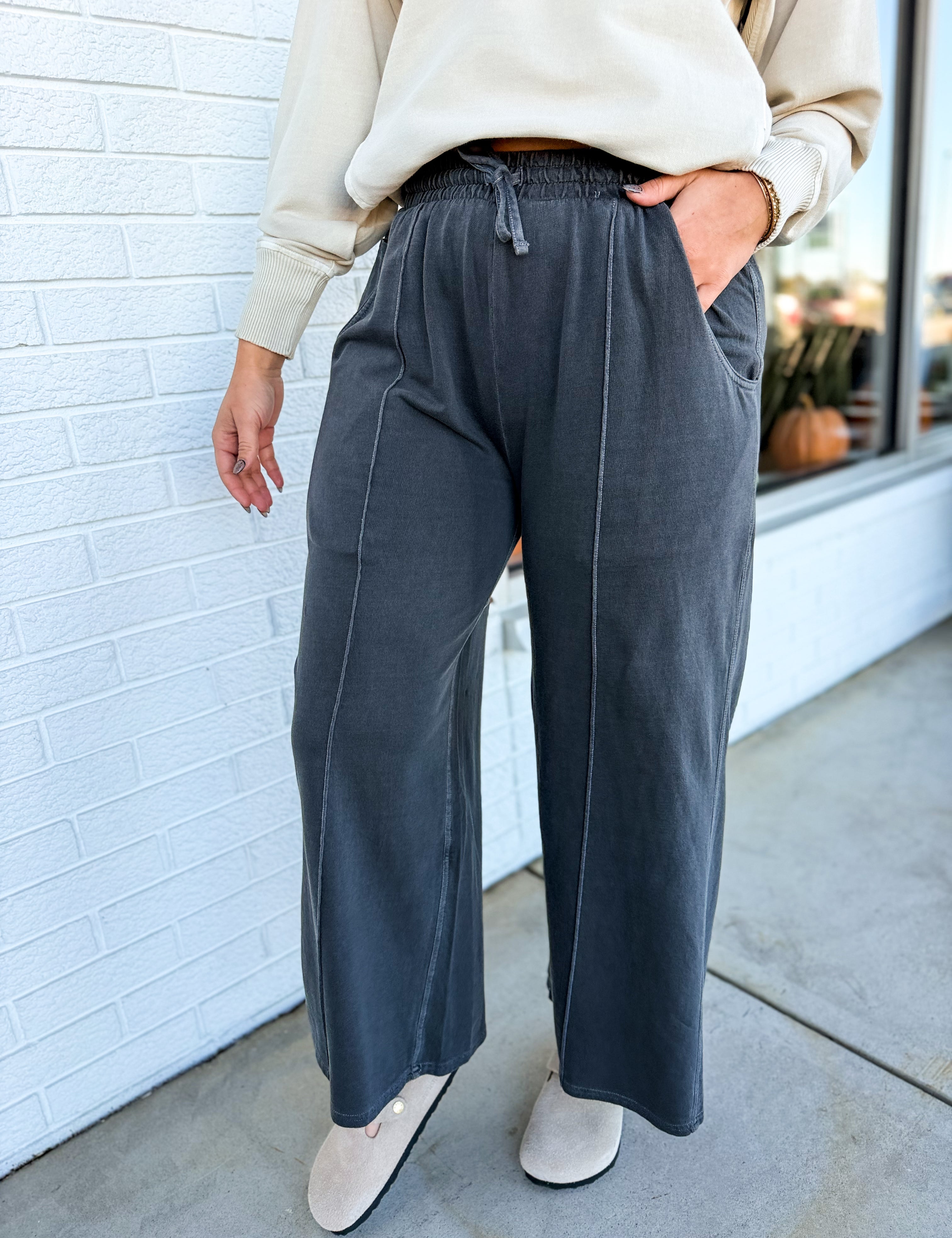 Pigment Wash French Terry Wide Leg Pants - Black - Lace and Grace Boutique
