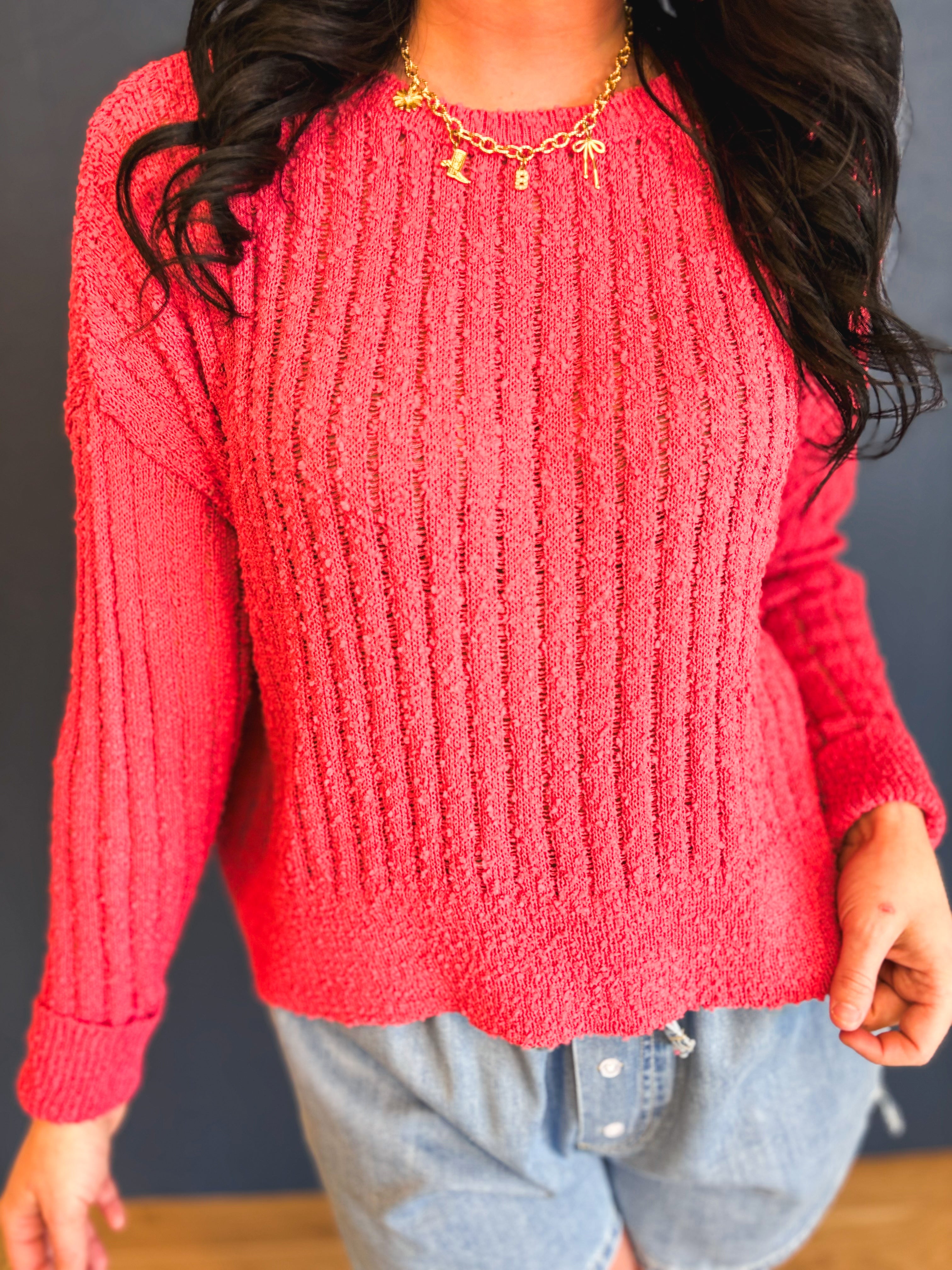 Open Ribbed Knit Sweater - Berry - Lace and Grace Boutique