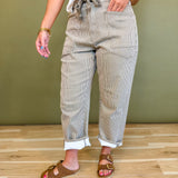 Striped Washed Belted Barrel Pants - Olive