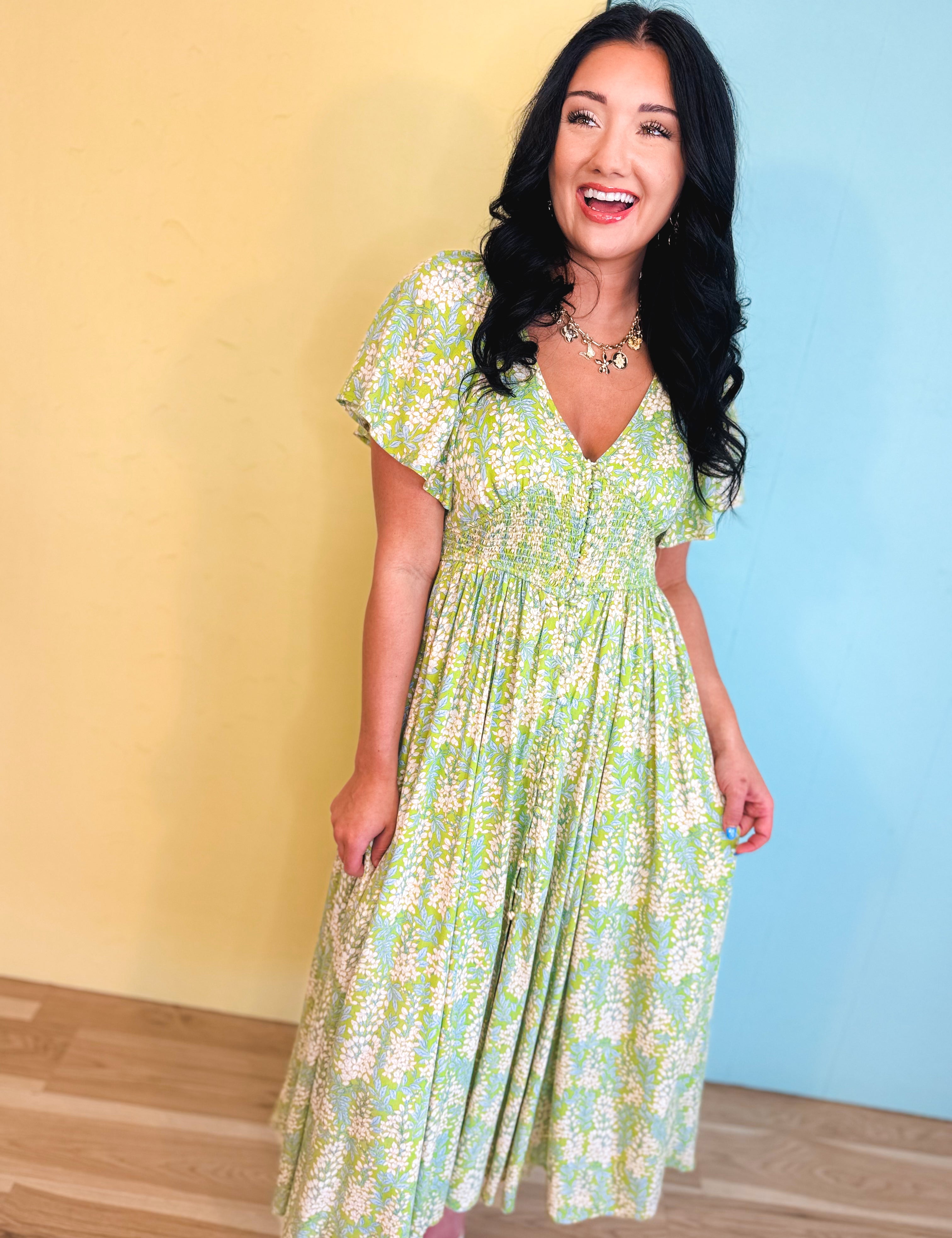 Smocked Waist Button Down Floral Maxi Dress - Fern - Lace and Grace Boutique