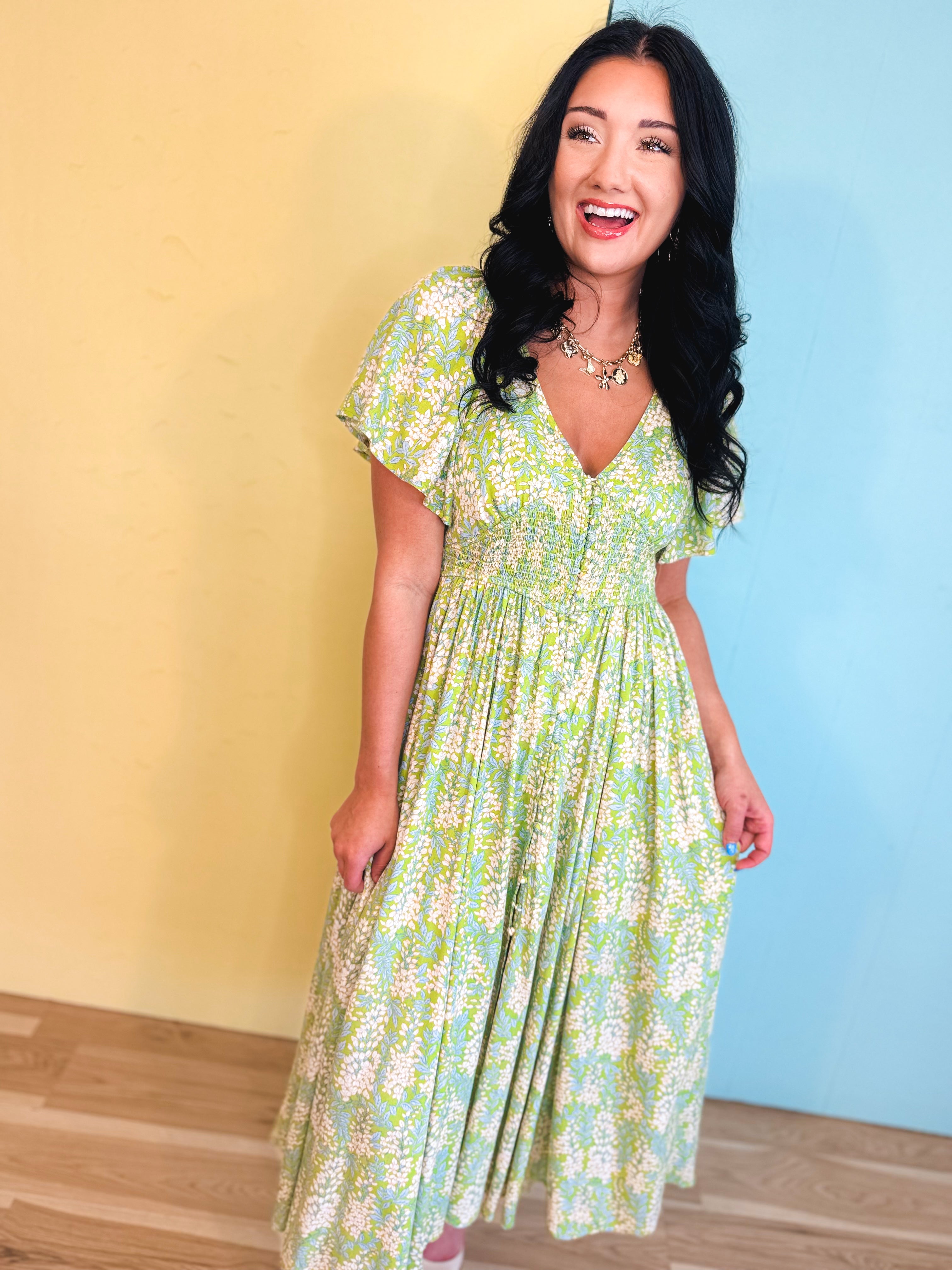 Smocked Waist Button Down Floral Maxi Dress - Fern - Lace and Grace Boutique