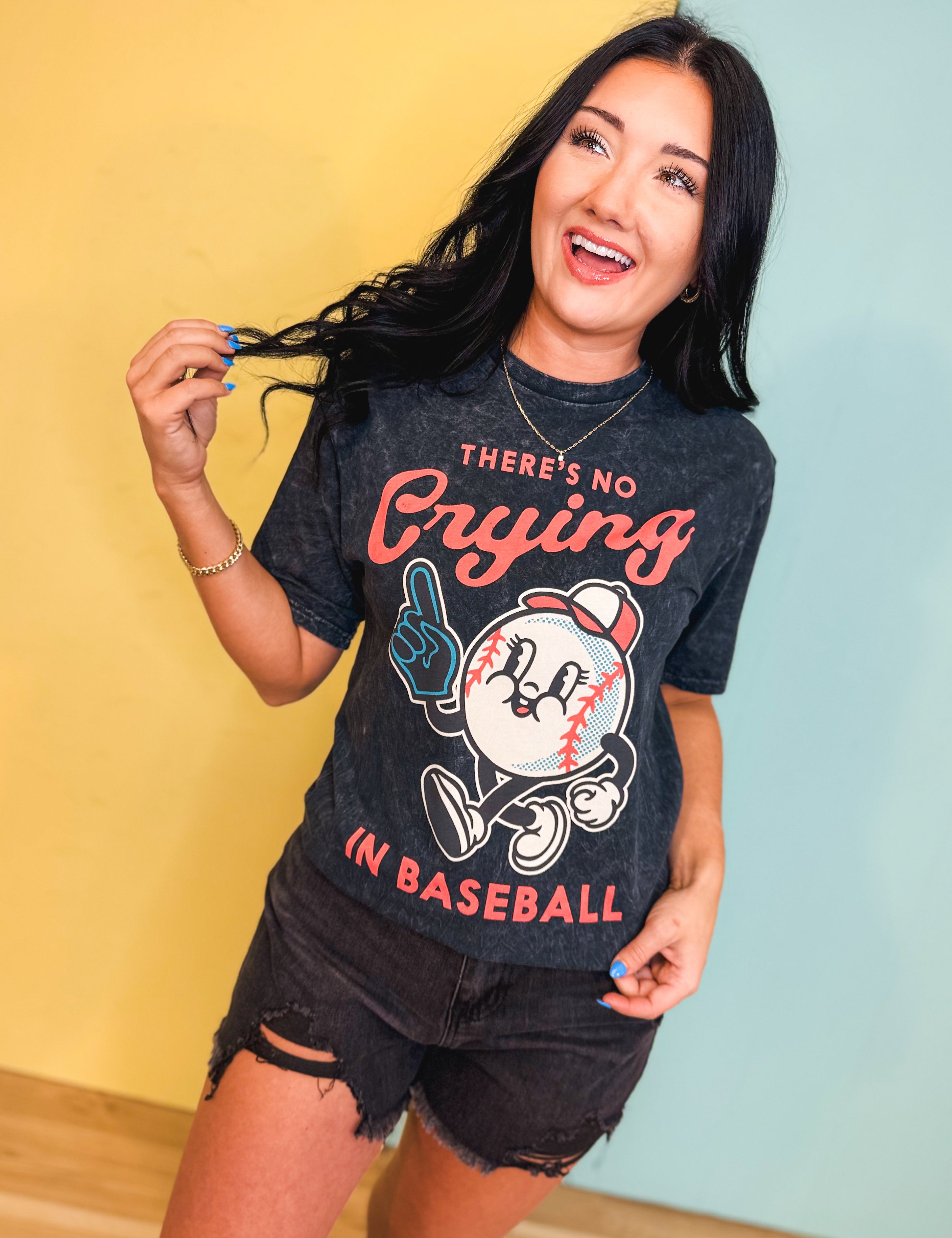 No Crying In Baseball Mineral Wash Tee - Vintage Black - Lace and Grace Boutique
