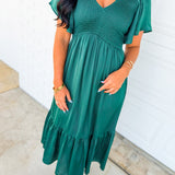 Smocked Washed Satin Tiered Maxi Dress - Emerald