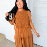 Embroidered Lace Vest & Midi Dress Set - Brown