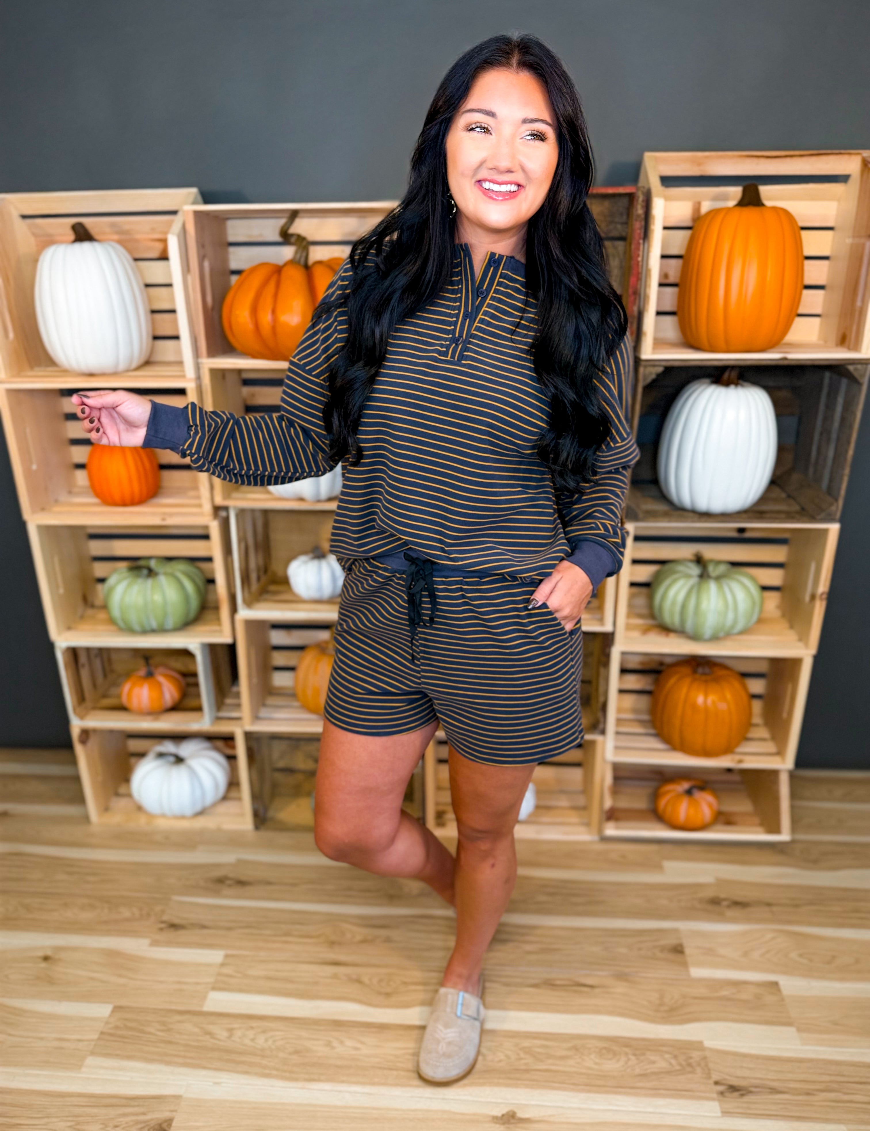 Soft Brushed Pinstripe Pullover & Shorts Set - Midnight - Lace and Grace Boutique
