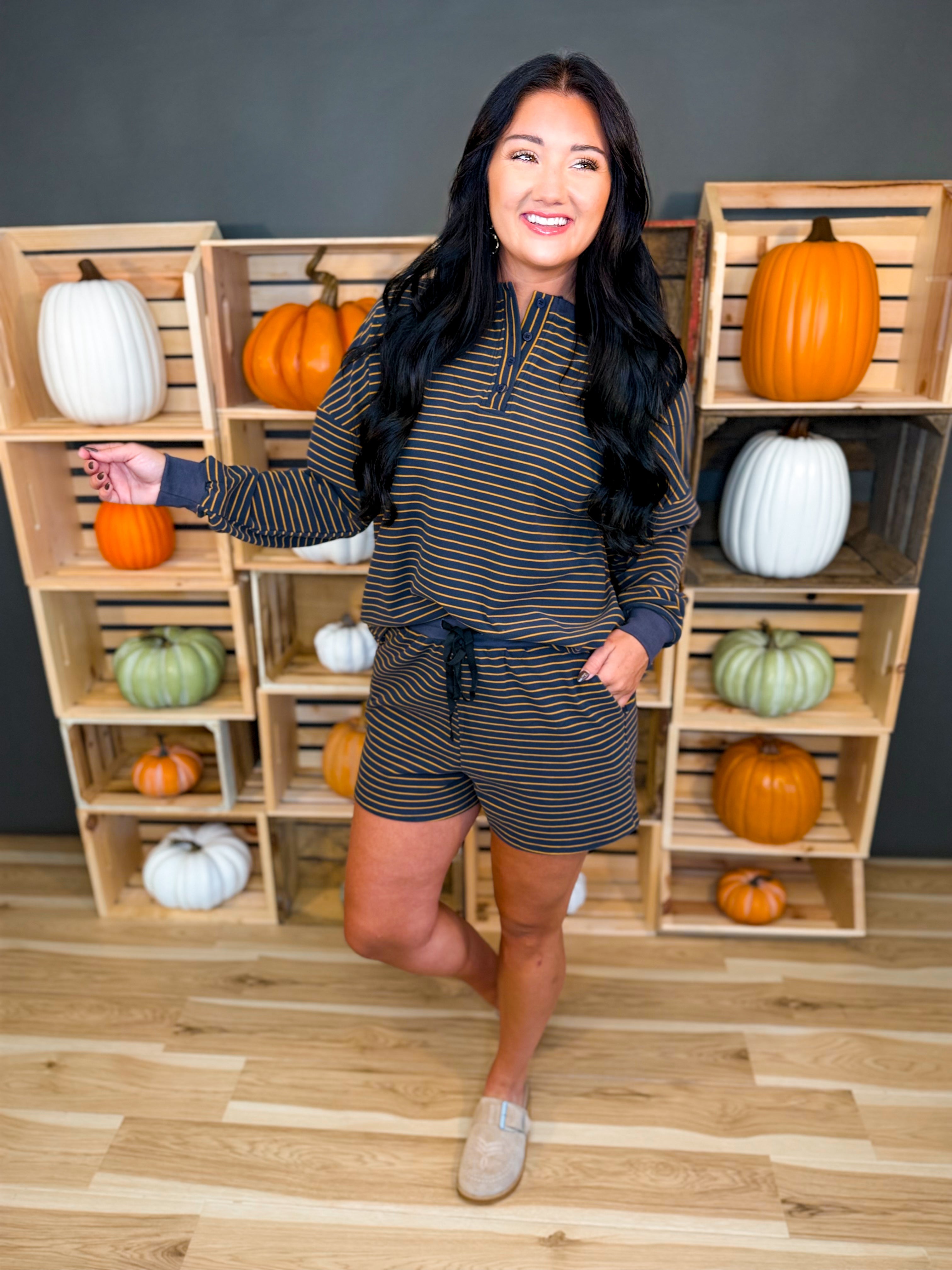 Soft Brushed Pinstripe Pullover & Shorts Set - Midnight - Lace and Grace Boutique