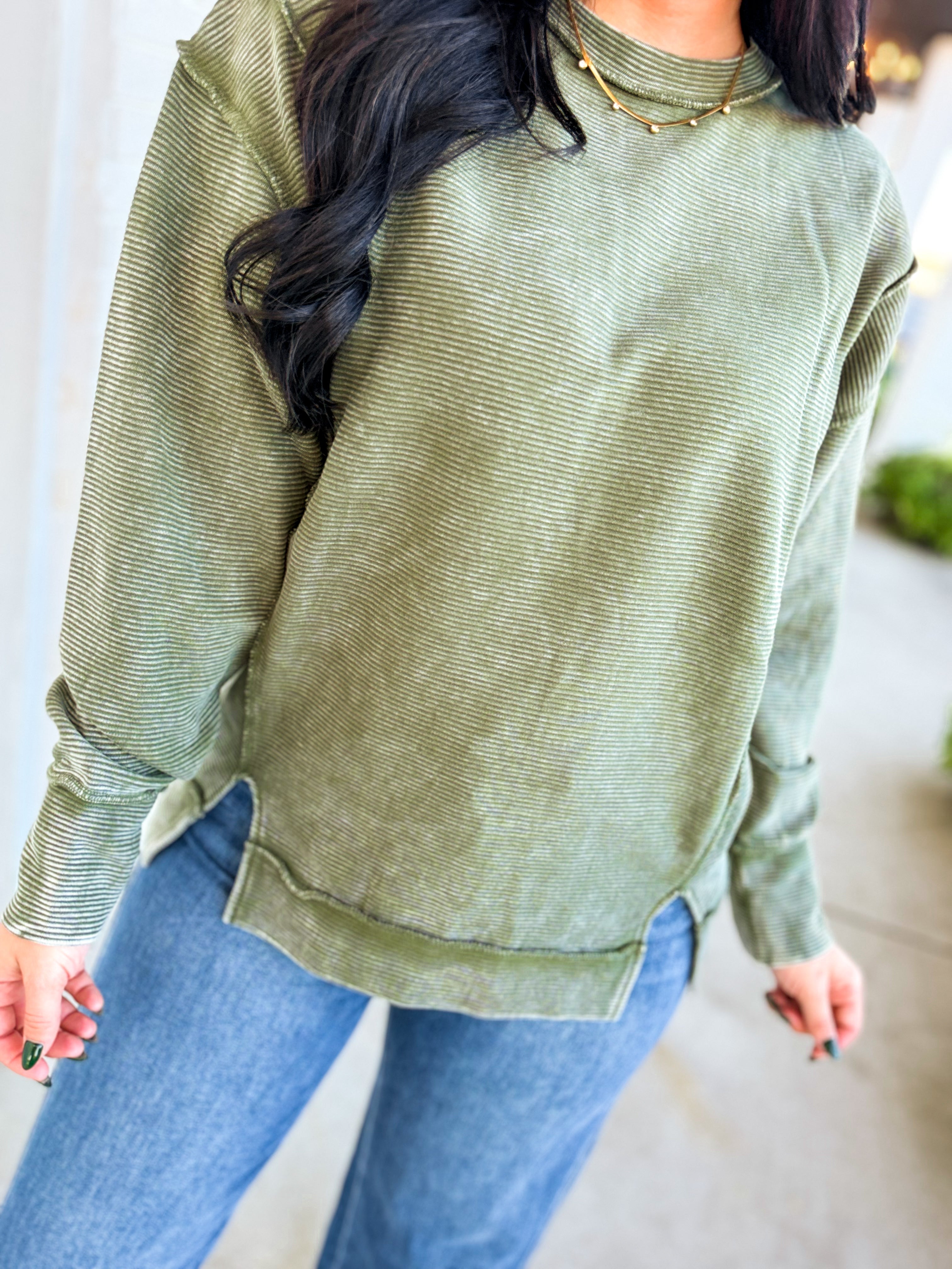 Acid Wash Ribbed Pullover Top - Dark Olive - Lace and Grace Boutique