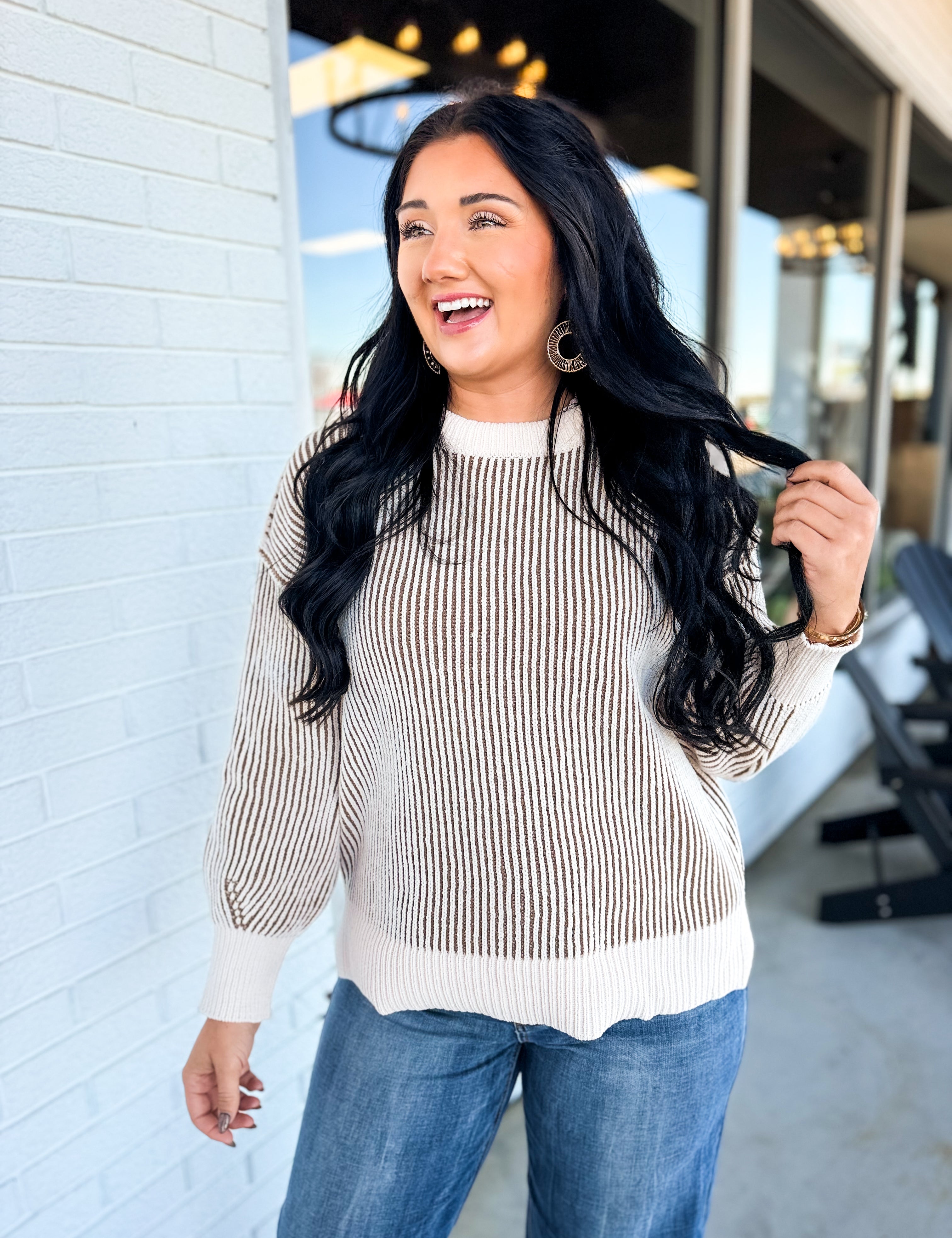 Ribbed Two-Tone Crewneck Sweater - Mocha - Lace and Grace Boutique