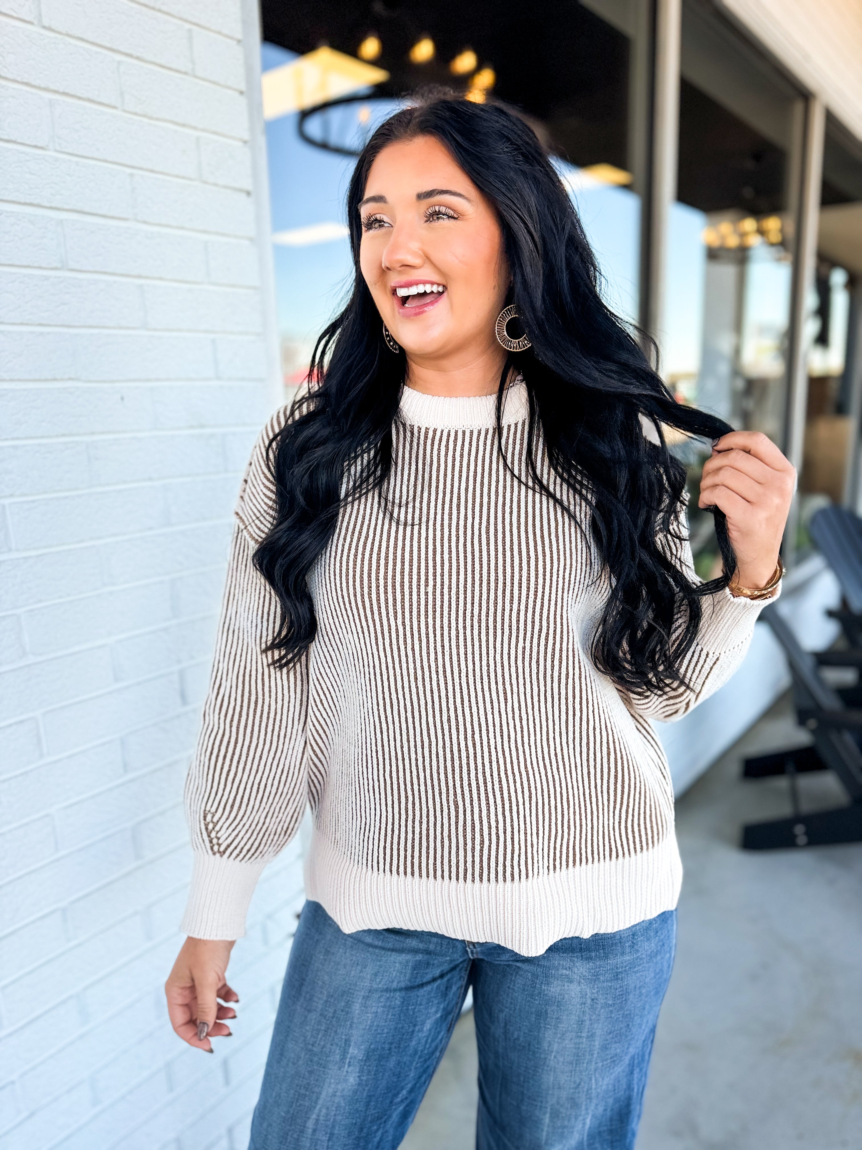 Ribbed Two-Tone Crewneck Sweater - Mocha - Lace and Grace Boutique