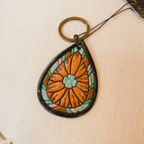 American Darling Tooled Leather Turquoise Flower Keychain