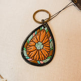 American Darling Tooled Leather Turquoise Flower Keychain